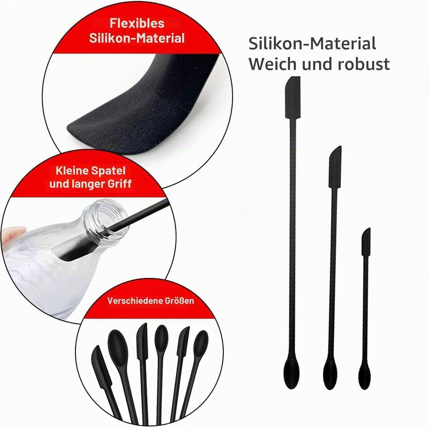 Silikon-Spatel mit langen Griffen und flexiblem, weichem Material in mehreren Größen dargestellt; deutscher Text hebt flexibles Silikon, kleine Spatel und langen Griff hervor.