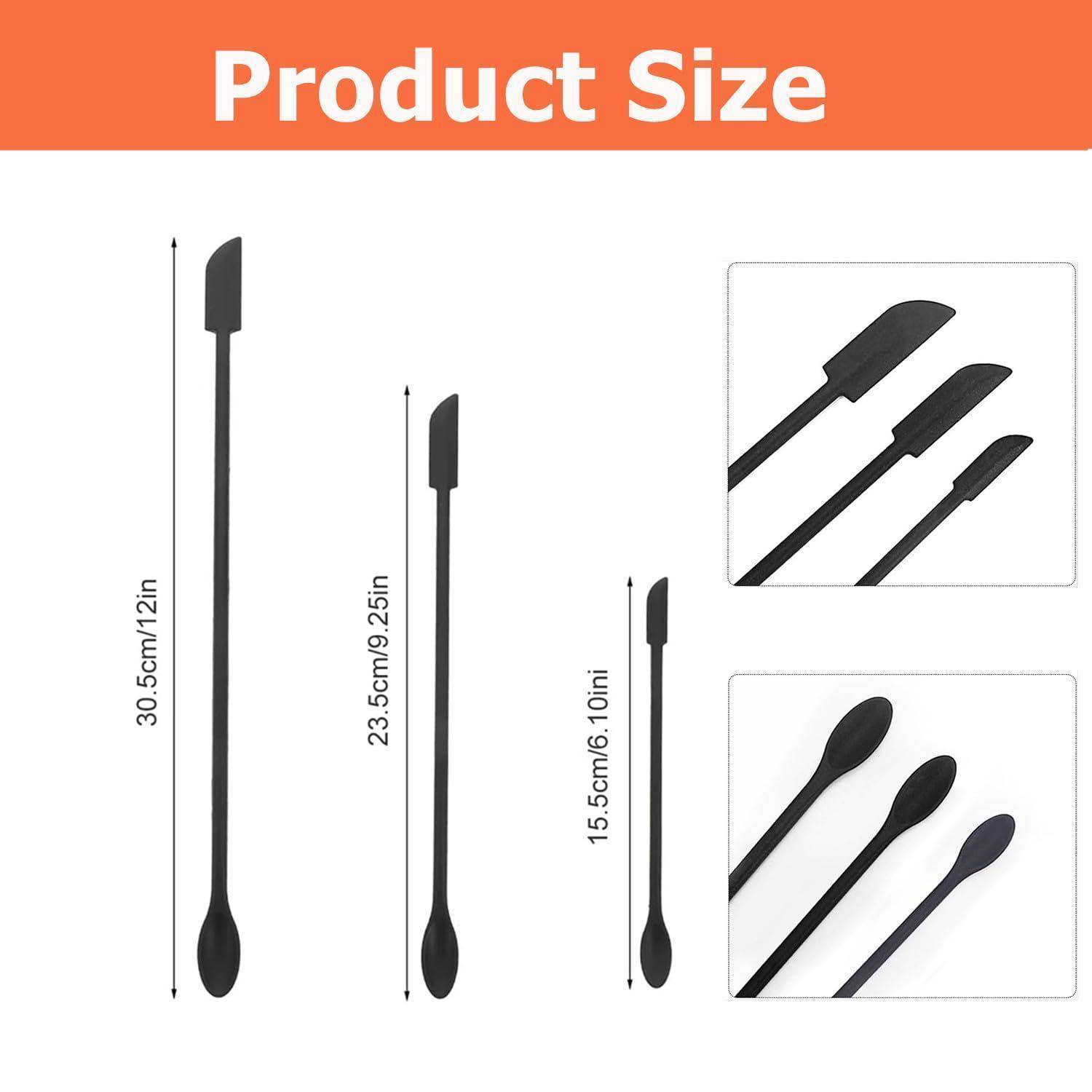 Produktgrößentabelle zeigt drei schwarze Spachteln/Rührer mit Längen von 30,5 cm/12 Zoll, 23,5 cm/9,25 Zoll und 15,5 cm/6,10 Zoll, plus Nahaufnahmen der Kopfformen.