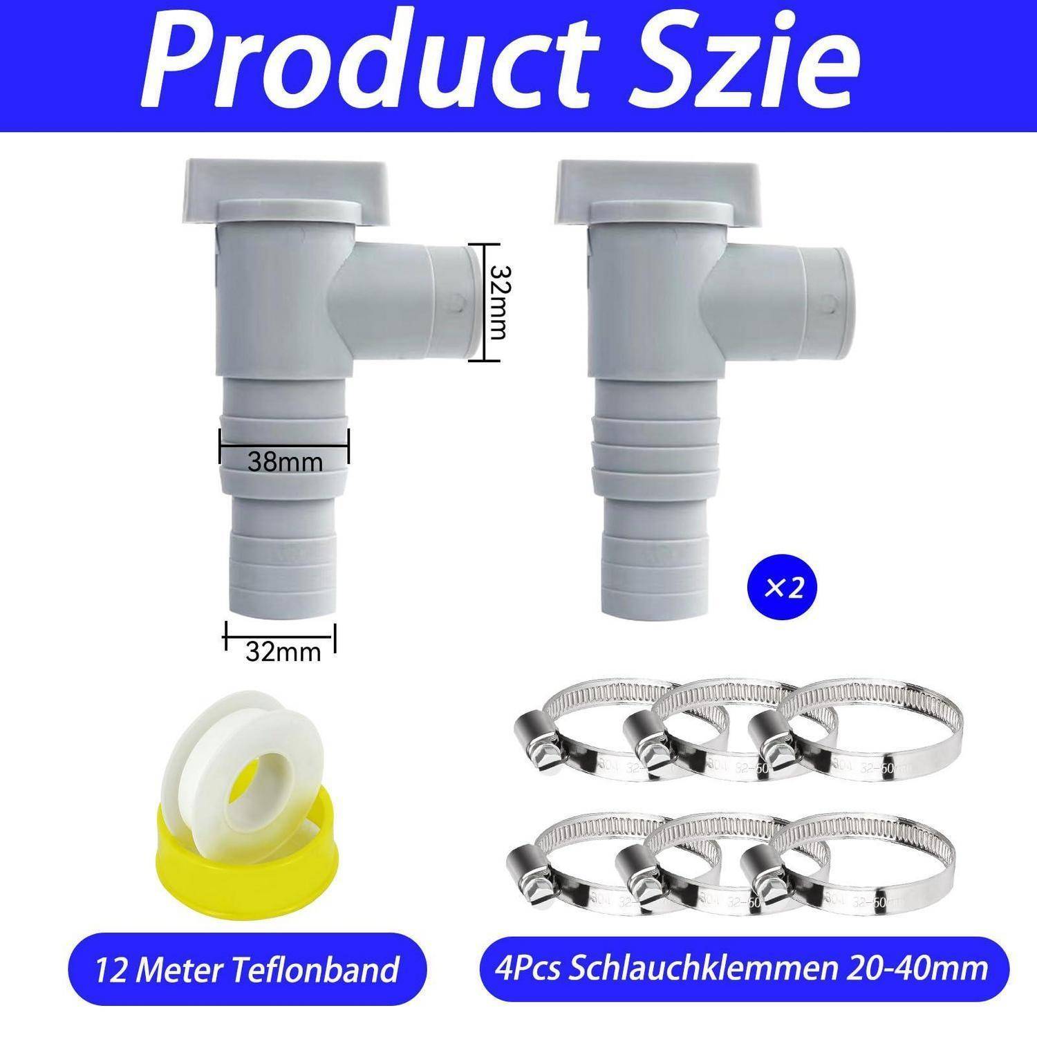 Produktgrößendiagramm für eine graue Kunststoff-Rohrbogenverschraubung, das 32 mm und 38 mm Abmessungen zeigt, sowie mitgeliefertes Teflonband und vier 20-40 mm Schlauchschellen.