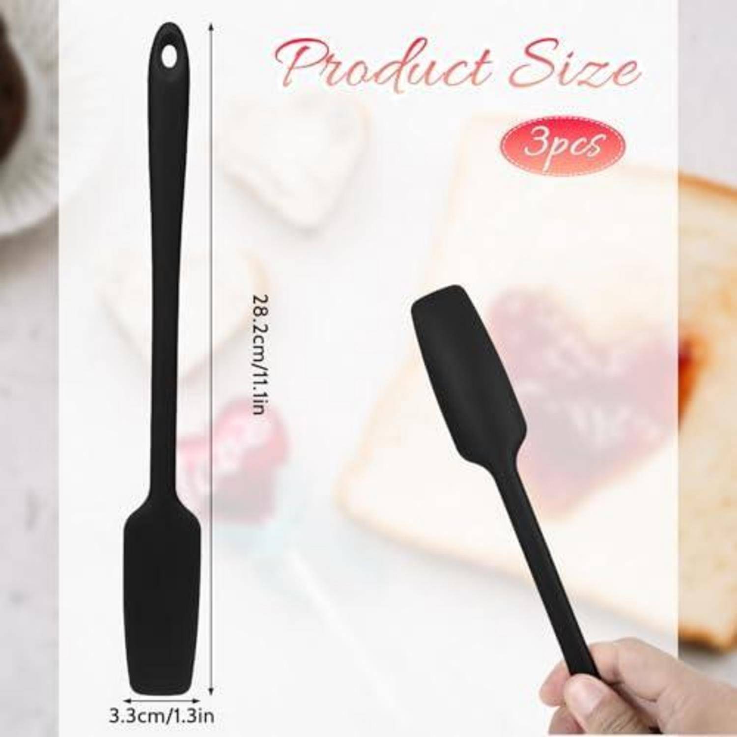 Produktgrößen-Grafik, die eine schwarze Silikonspatel zeigt, 28,2 cm lang und 3,3 cm breit; Verpackung mit der Bezeichnung „3er-Set
