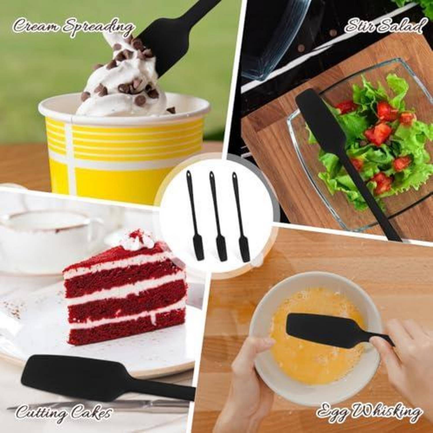 Collage aus drei schwarzen Silikon-Küchenutensilien, die zum Verteilen von Creme, Servieren von Salat, Schneiden von Kuchen und Schlagen von Eiern verwendet werden.