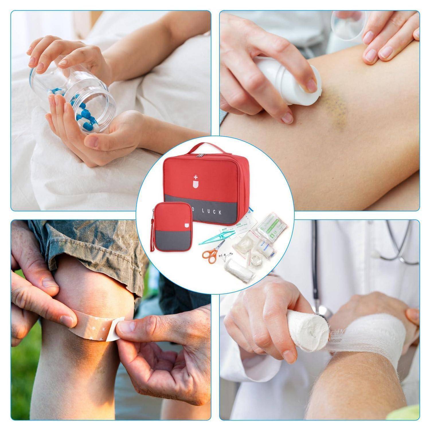 Collage der Erste-Hilfe-Behandlung: Pillen in einer Pillenflasche, Wundreinigung, Kniebandagierung und ein rotes Notfall-Erste-Hilfe-Set mit Materialien.