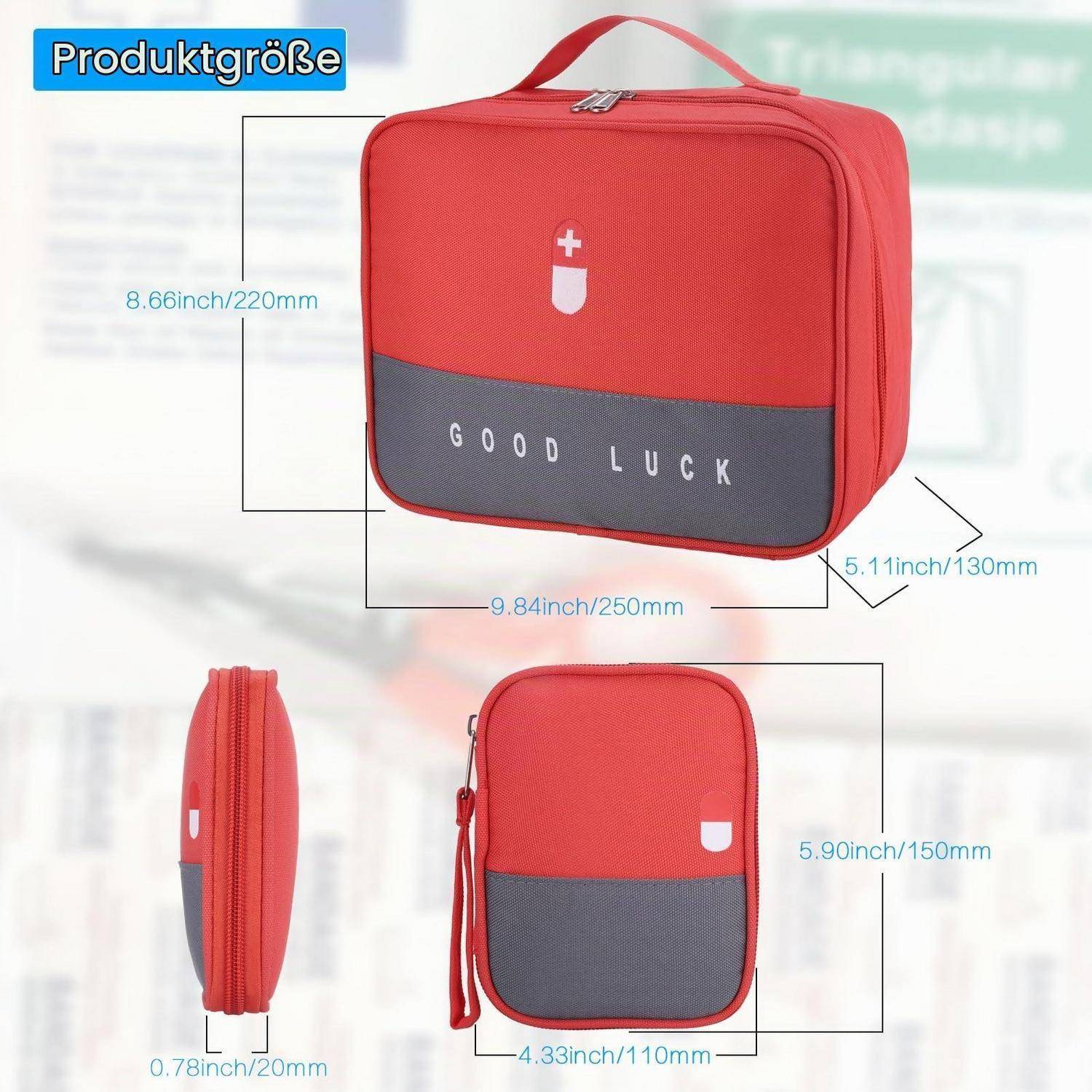 Rote Erste-Hilfe-Tasche Produktbild mit Größenabmessungen: 8,66 x 9,84 x 5,11 Zoll, mit Vorder- und Seitenansichten und „VIEL GLÜCK" auf der Vorderseite.