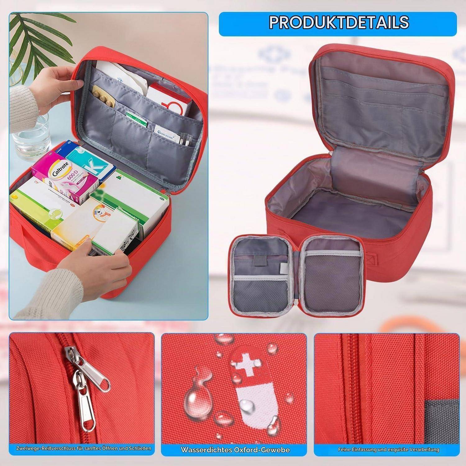 Produktdetails für eine rote isolierte Lunchbox: Das offene Fach fasst Lebensmittelbehälter, hat eine innere Netztasche und wasserdichtes Oxford-Gewebe, gezeigt mit Reißverschluss und Reißverschlusstasche.
