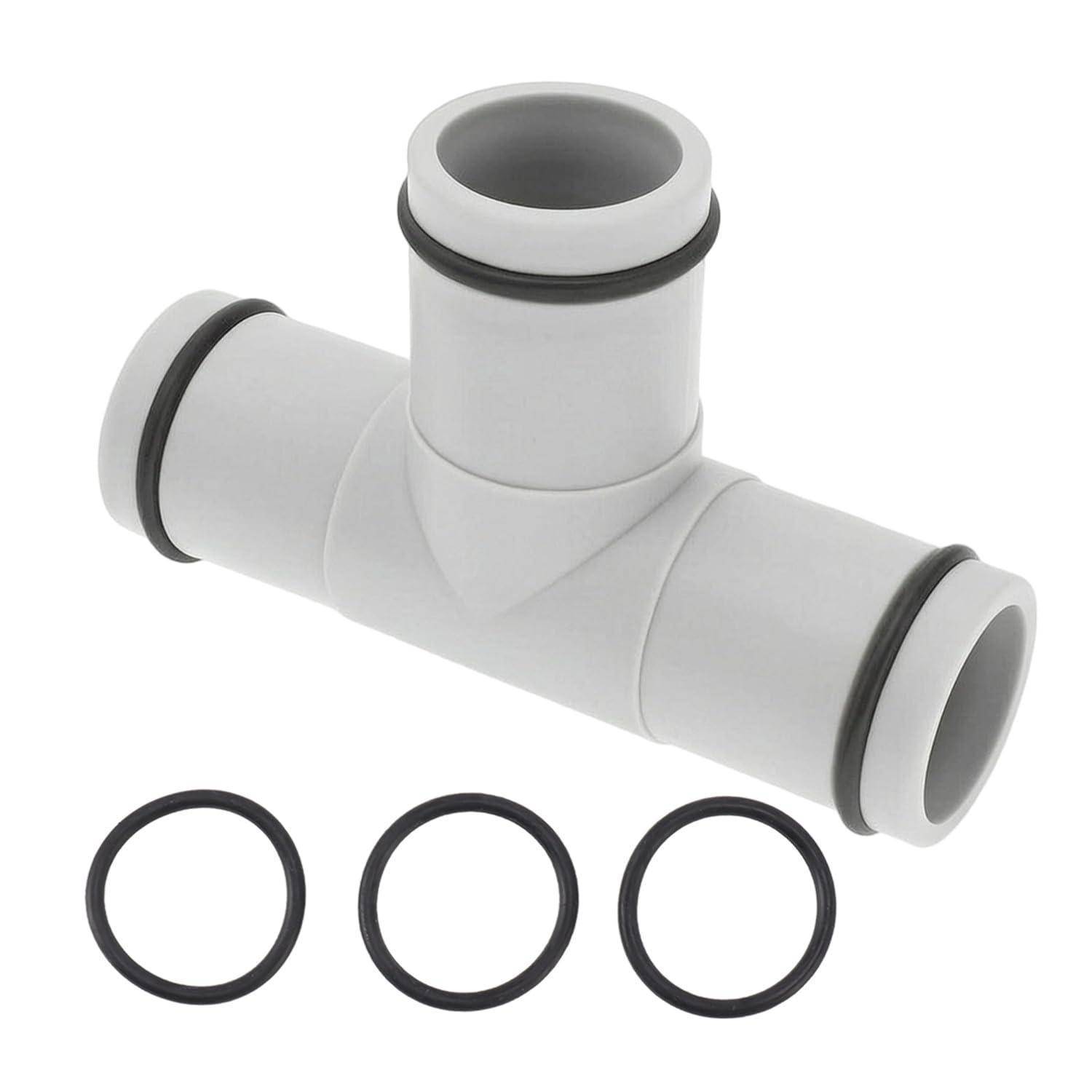 Weißer Kunststoff-T-Rohrverbinder mit drei schwarzen Gummi-O-Ringen, shown below on a plain background.