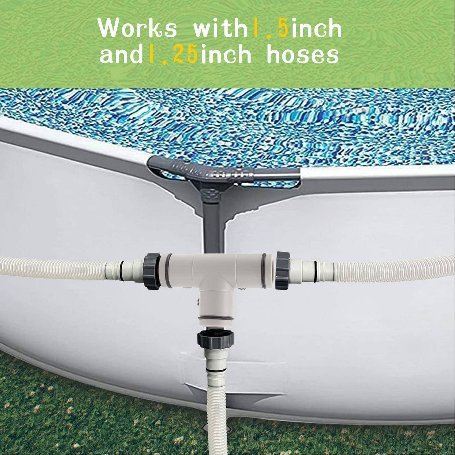 Poolskimmer-Schlauch-Adapter angeschlossen an einen oberirdischen Pool, beschriftet mit „Funktioniert mit 1,5-Zoll- und 1,25-Zoll-Schläuchen