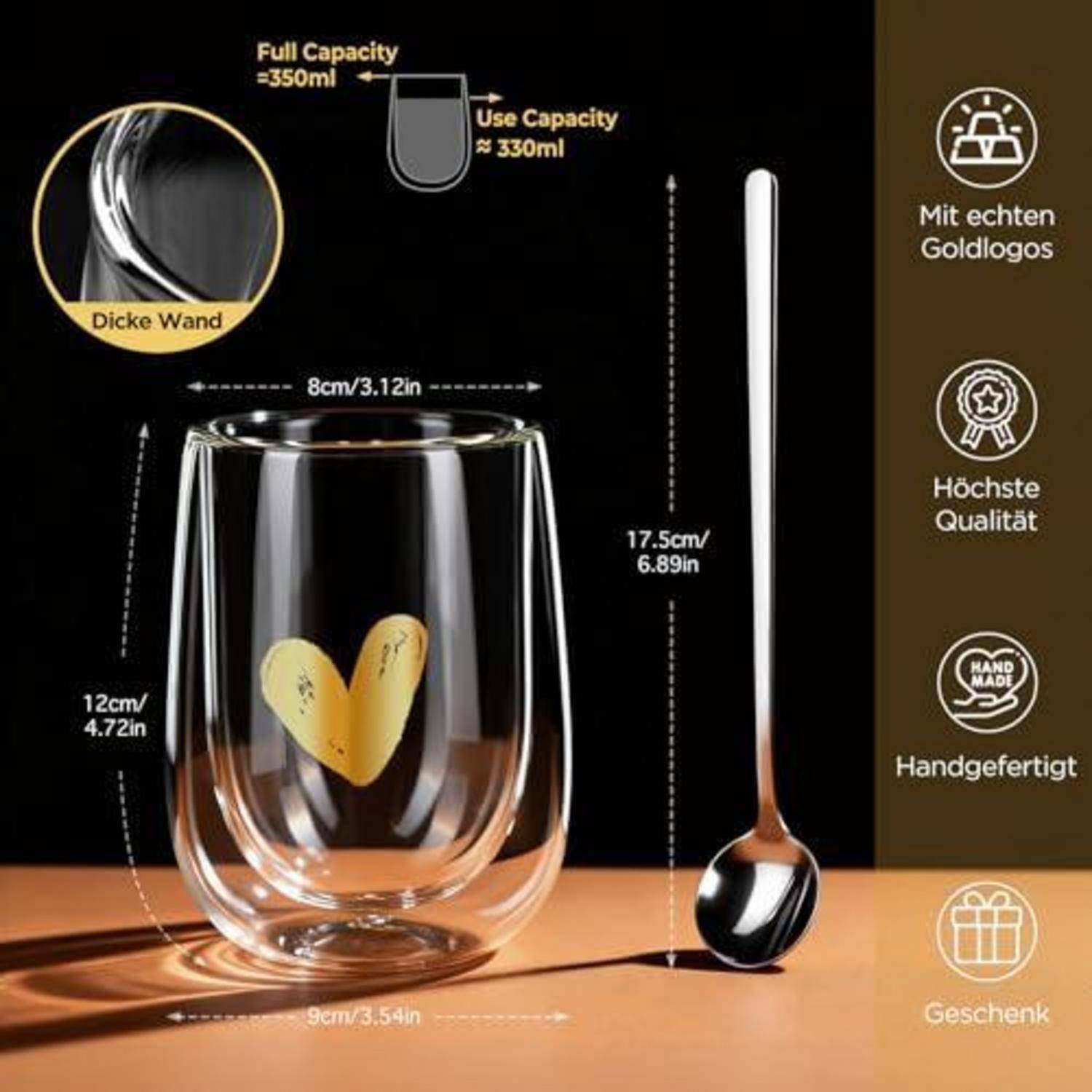Produktgrafik eines doppelwandigen Glases und Löffels, mit Maßen und Kapazitäten beschriftet: 350 ml voll, 330 ml Verwendung; deutsche Symbole vermerken echtes Gold-Logo, hochwertig, handgefertigt und Geschenk.