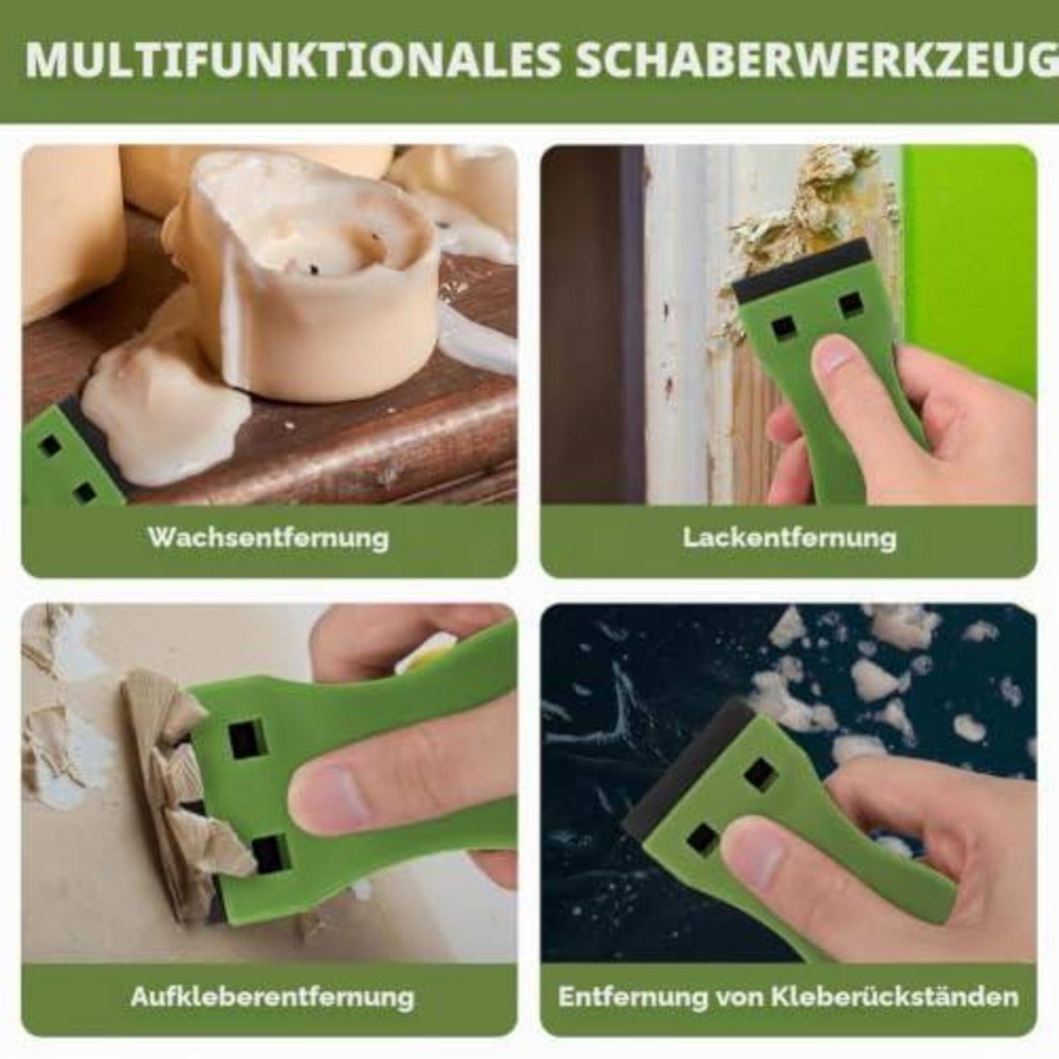 Multifunktionales Schabewerkzeug zum Entfernen von Wachs, Farbe, Klebstoff und Leimrückständen; vier beschriftete Nahaufnahmen zeigen jede Anwendung.