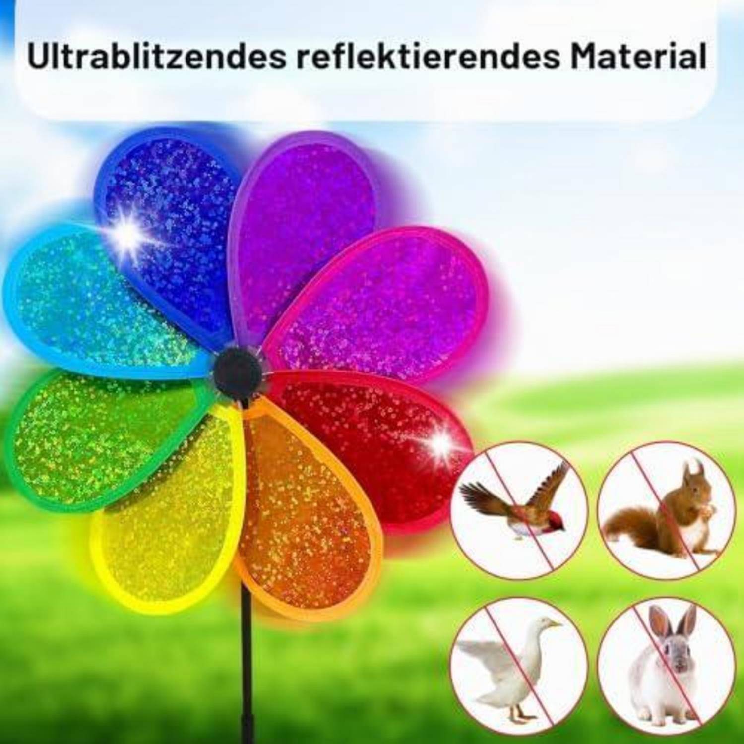 Farbiges blumenförmiges reflektierendes Material auf einem Stab, gekennzeichnet mit „Ultrablitzendes reflektierendes Material", mit Symbolen, die zeigen, dass es Vögel und Tiere abweht.