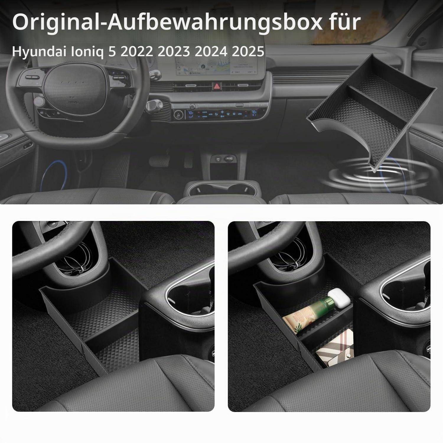 Collage mit einer schwarzen Mittelkonsolen-Aufbewahrungsbox für Hyundai Ioniq 5 (2022-2025), mit Installationsansichten und gelagerten Gegenständen.