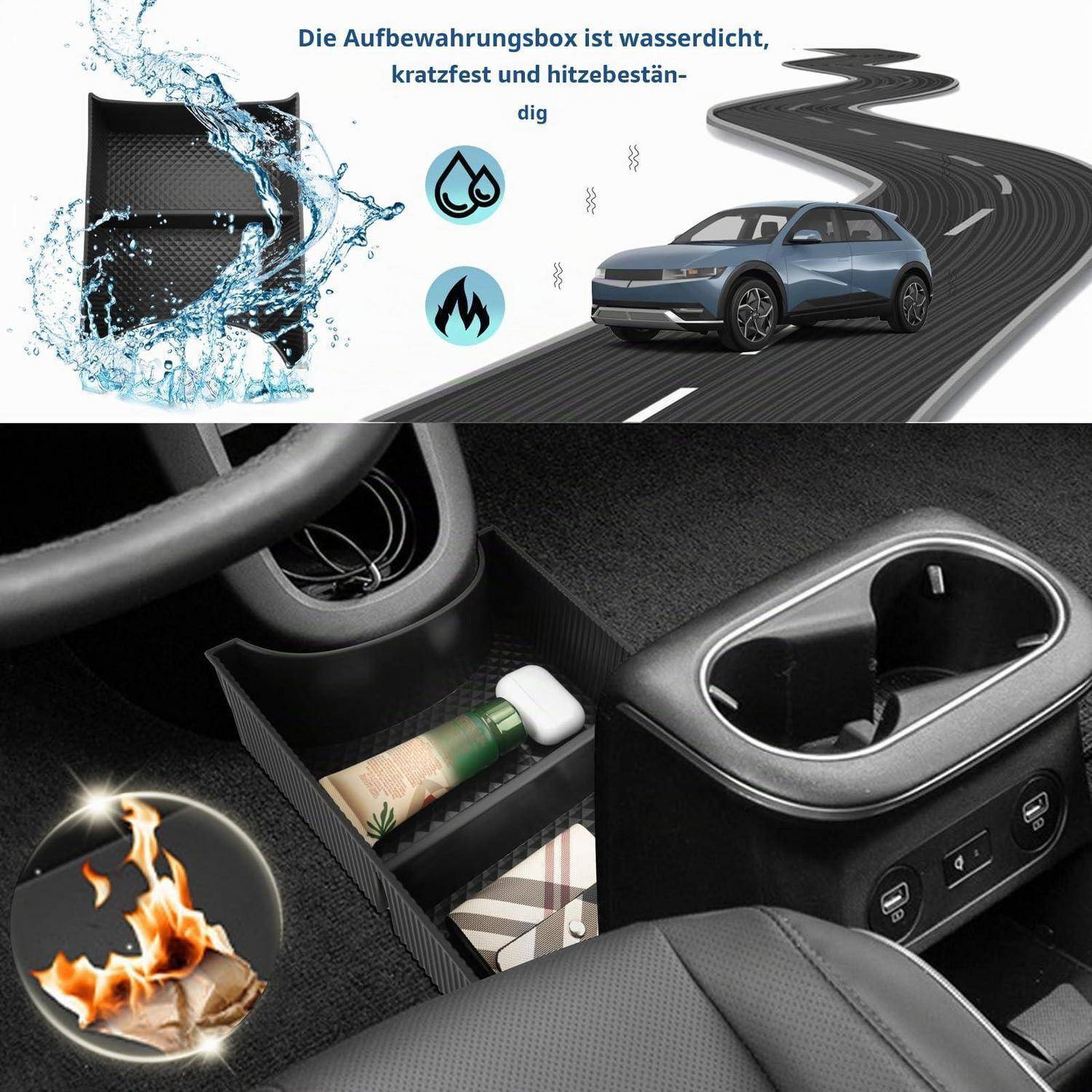Autorganizer-Aufbewahrungsbox in der Mittelkonsole eines Autos, dargestellt als wasserdicht, kratzfest und hitzebeständig; umfasst Getränkehalter und Fächer.