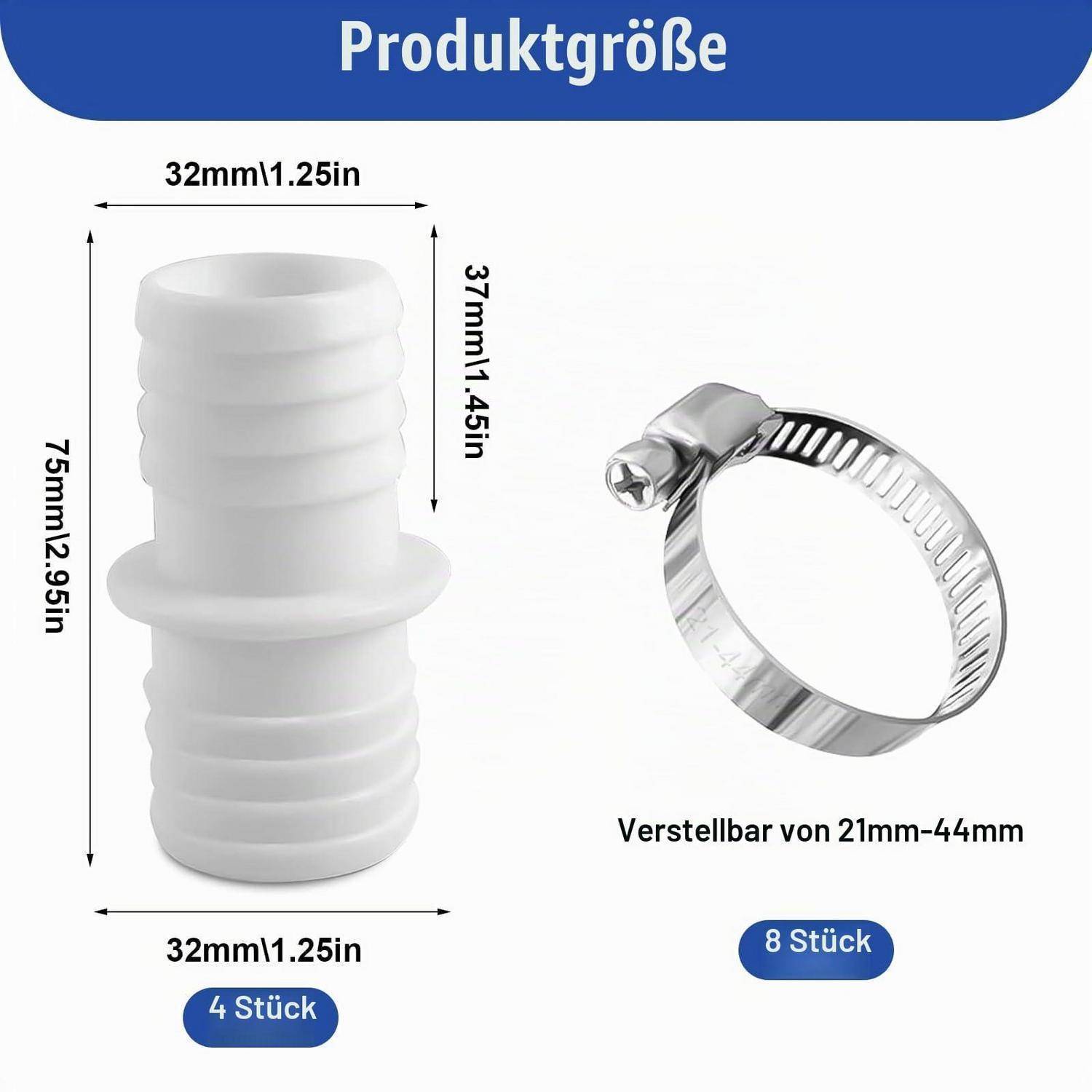 Produktgrößendiagramm mit einem weißen 32-mm-Schlauchstecker, 75 mm lang, und einer verstellbaren Metallklemme für 21-44 mm, beschriftet auf Deutsch.