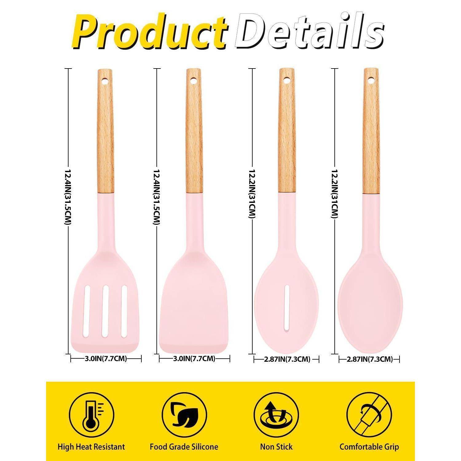 Produktdetailbild von vier rosafarbenen Silikonspachteln für die Küche mit Holzgriffen, die etwa 12,2–12,4 Zoll groß und 2,9–3,0 Zoll breit sind; Symbole weisen auf Hitzebeständigkeit, lebensmittelechtes Silikon, Antihaftoberfläche und ergonomischen Griff hin.
