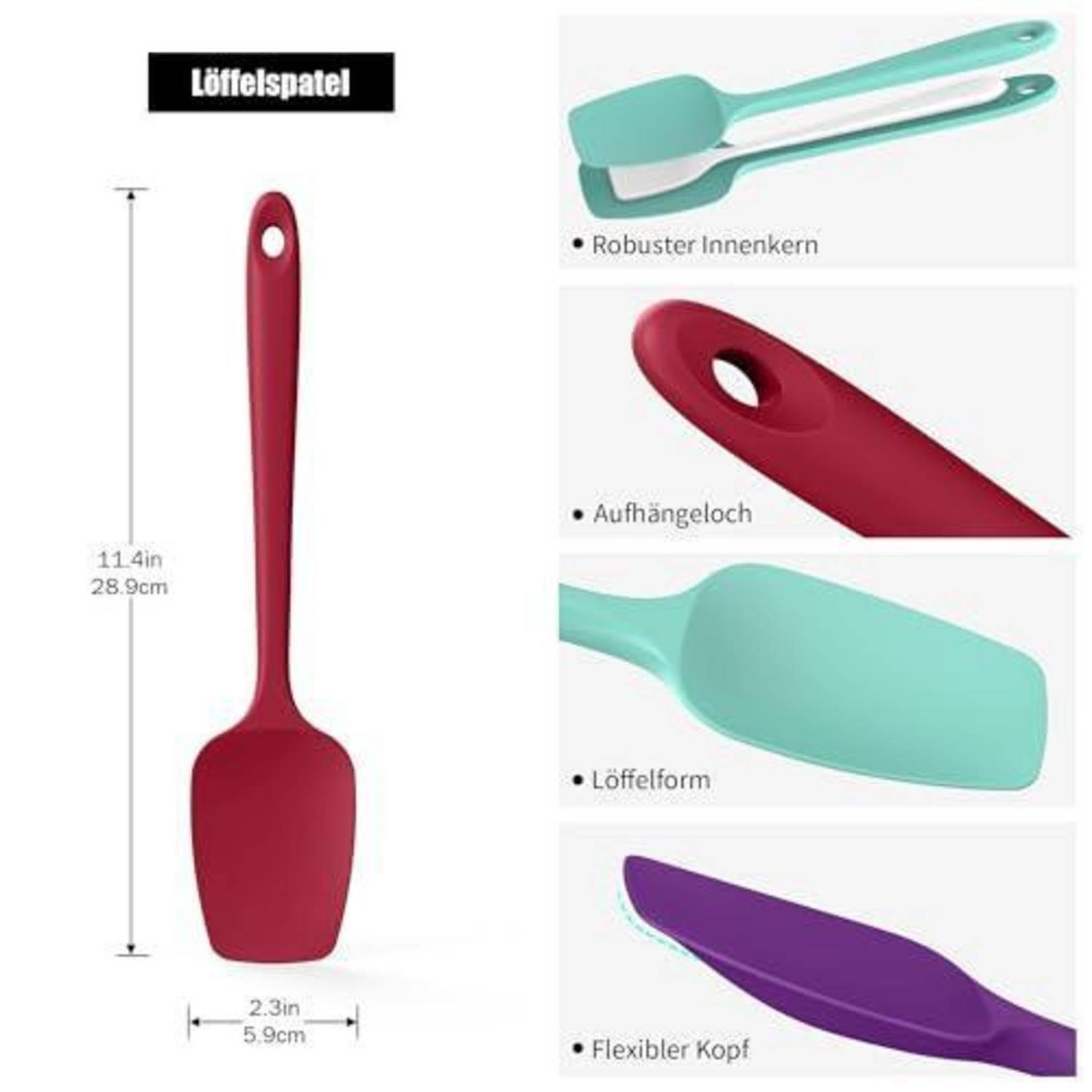 Löffelspatel aus Silikon in Rot dargestellt, mit den Abmessungen 11,4 Zoll x 2,3 Zoll, plus Nahaufnahmen, die den stabilen Kern, das Aufhängeloch, die Löffelform und den flexiblen Kopf hervorheben.