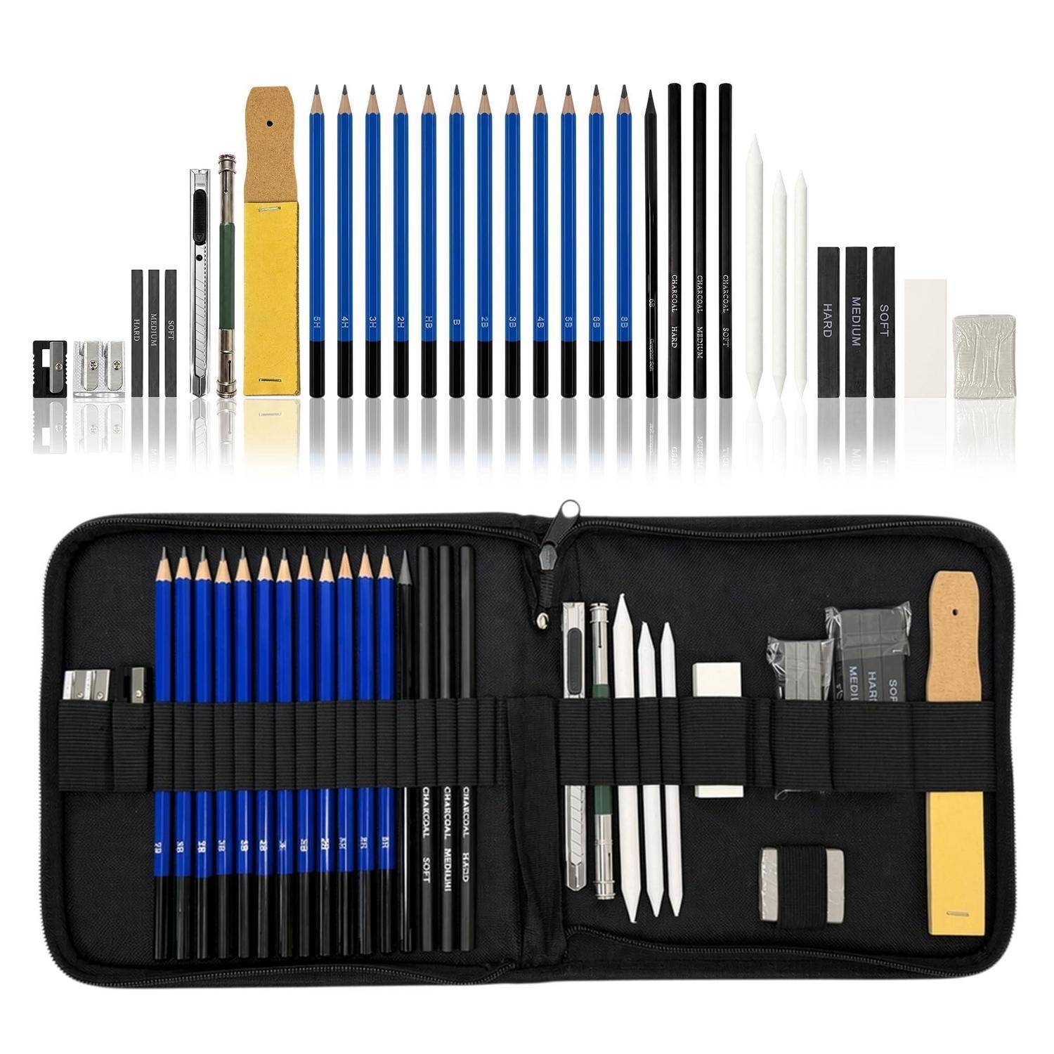 Offenes Kunstbleistift-Set mit vielen Graphitstiften, Radiergummis, Spitzern und Zubehör, das über einem mit Reißverschluss versehenen Etui angeordnet ist, das mit passenden Werkzeugen organisiert ist.