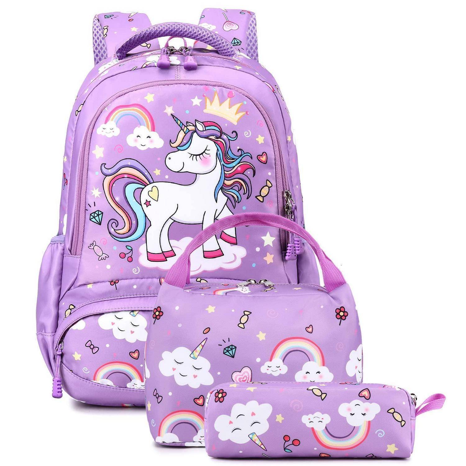 Lila Einhorn-Rucksack-Set mit passender Lunchbox und Federmäppchen, verziert mit Regenbögen, Wolken, Sternen und Herzen.