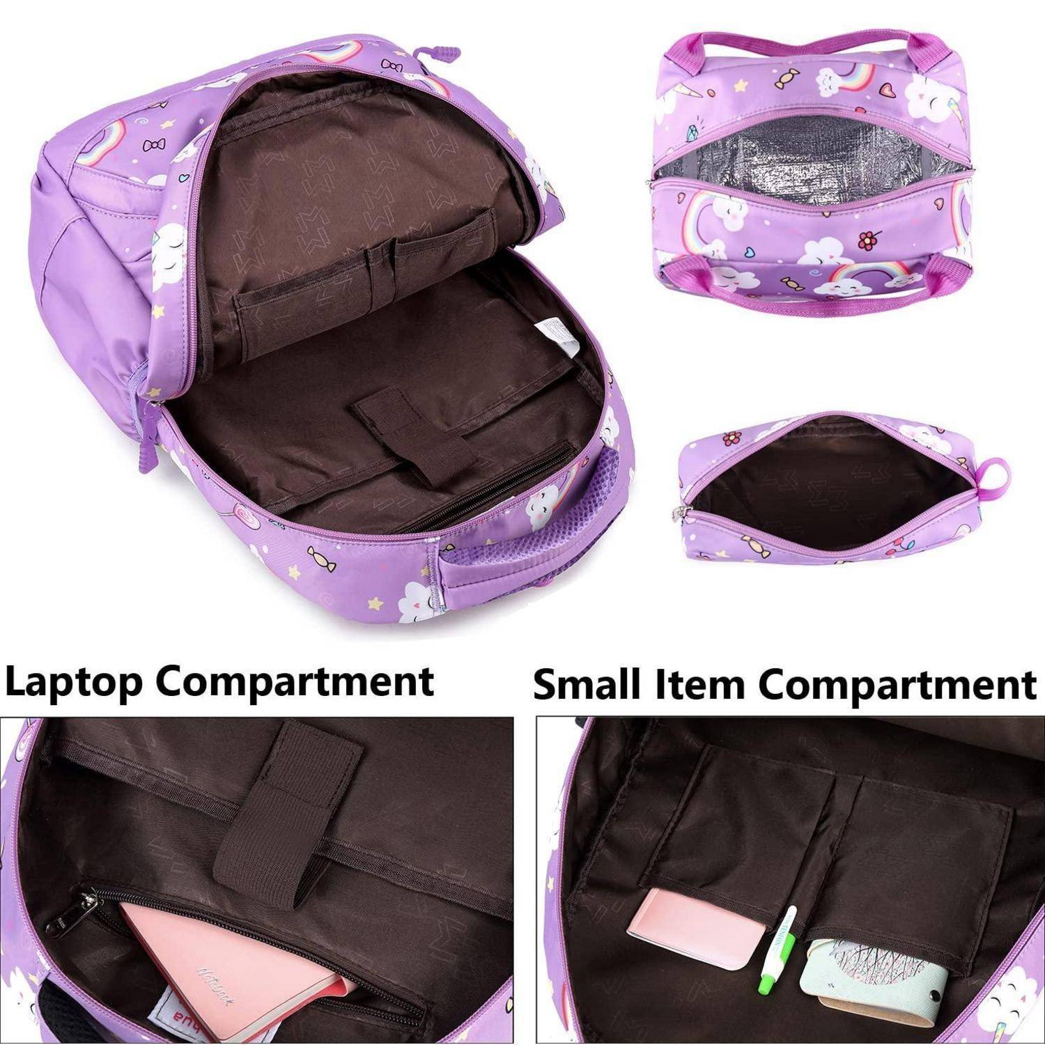 Violetter Cartoon-Muster-Rucksack mit reißverschlossener Laptop-Abteilung und kleinen Taschen für kleine Gegenstände, gezeigt offen und in Nahaufnahmeansichten der inneren Aufbewahrung.