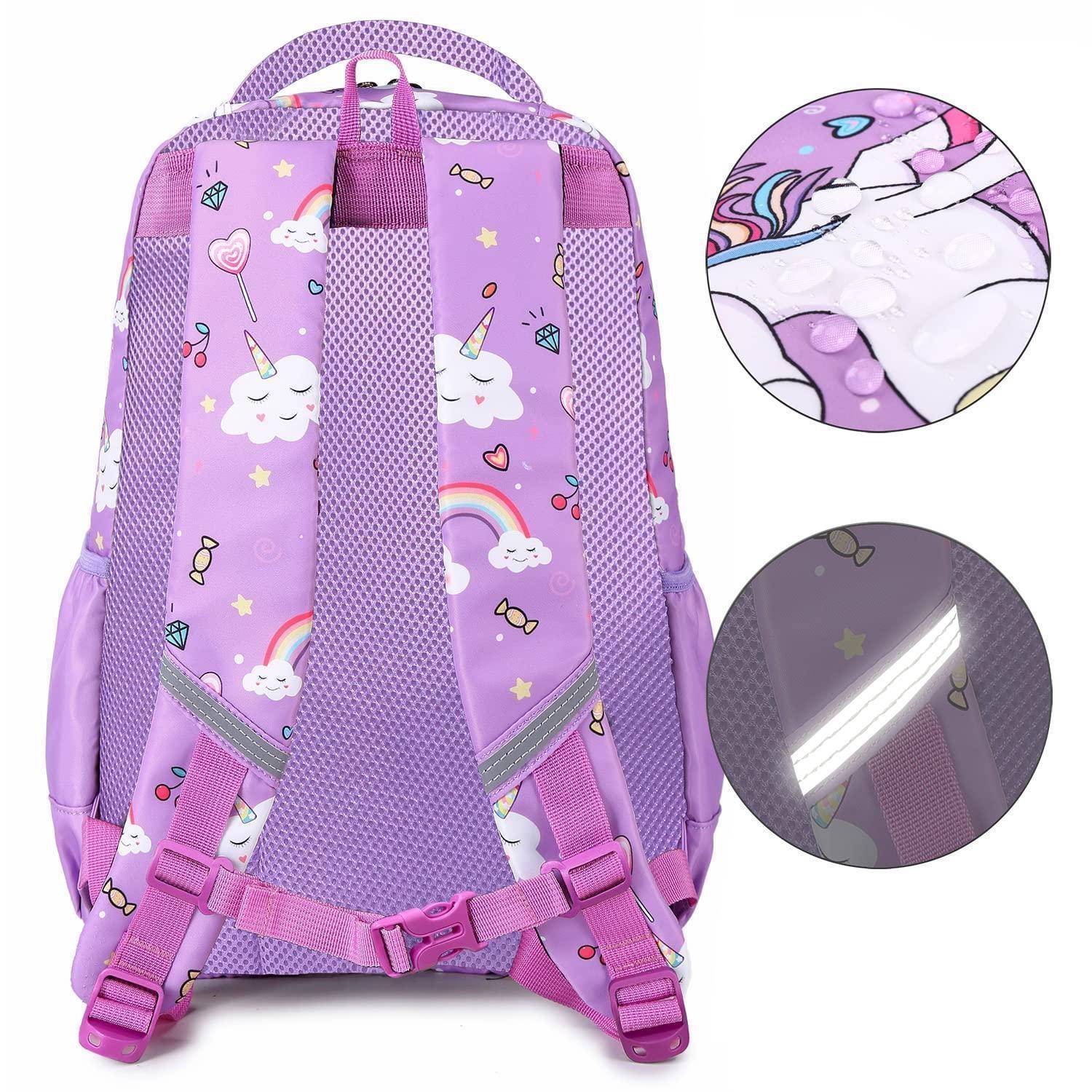 Rucksack mit lila Einhornmotiv, Rückenteil aus Netzstoff, gepolsterte Schultergurte, Brustschnalle und reflektierendem Streifendetail.