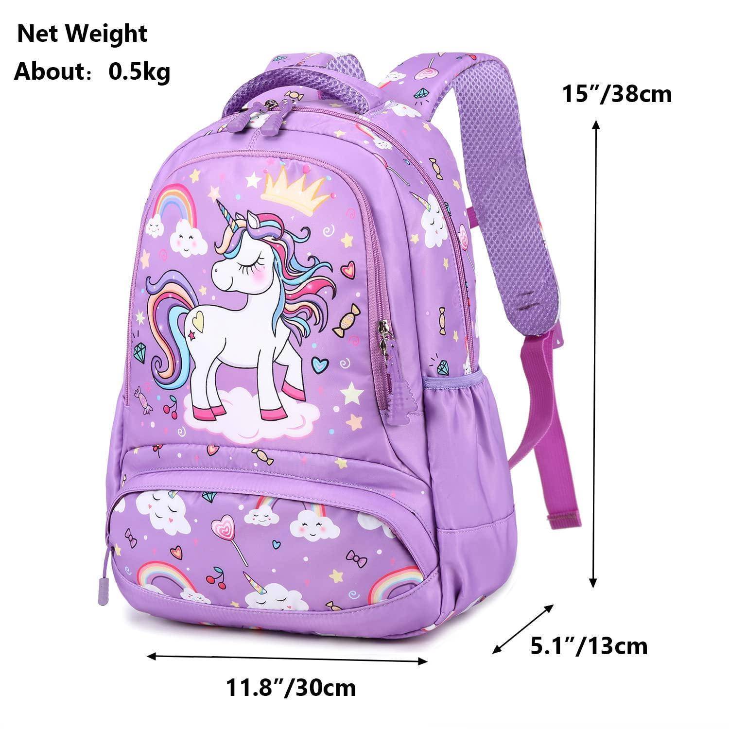 Lila Einhorn-Kinderrucksack mit den Abmessungen 15 x 11,8 x 5,1 Zoll und einem Nettogewicht von etwa 0,5 kg.