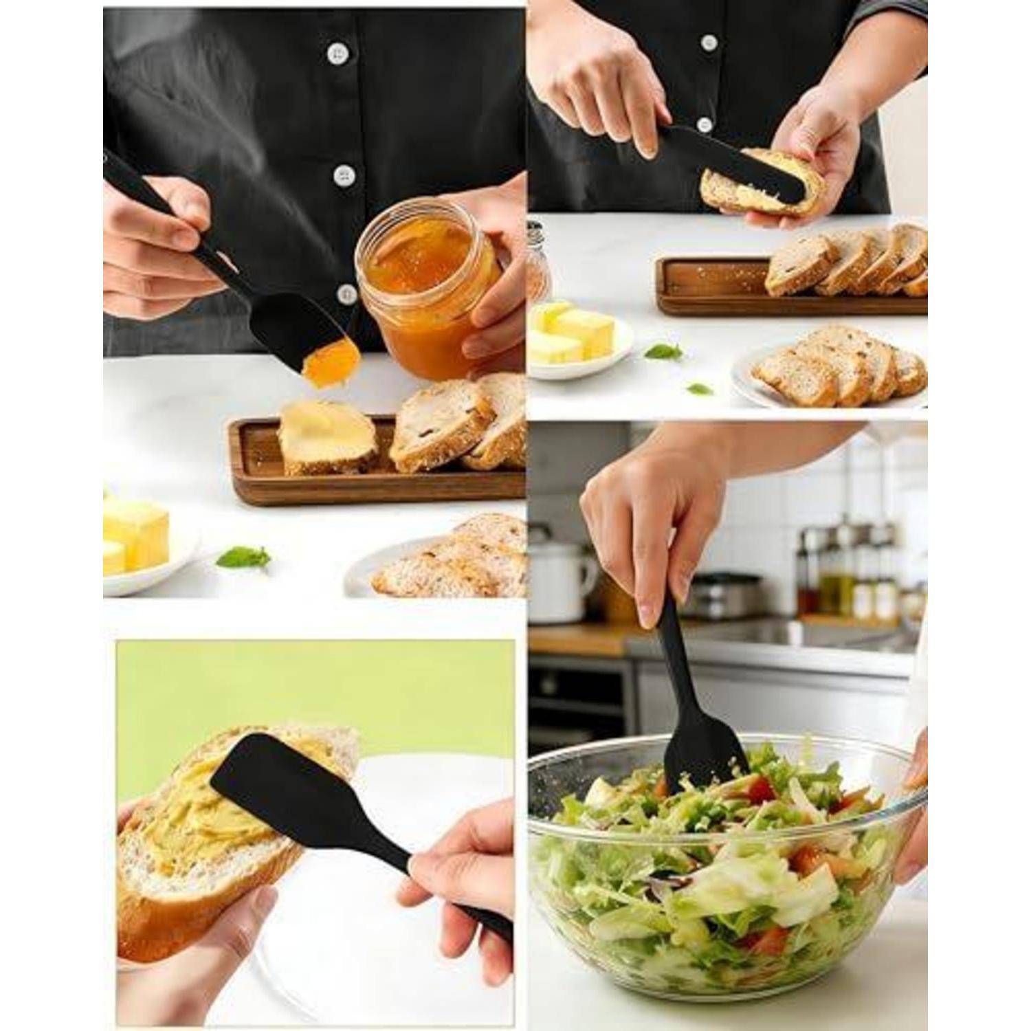 Collage von Händen, die einen schwarzen Spatel verwenden, um Marmelade und Butter auf Toast zu streichen, dann einen Salat in einer Glasschüssel in einer Küche zu werfen.