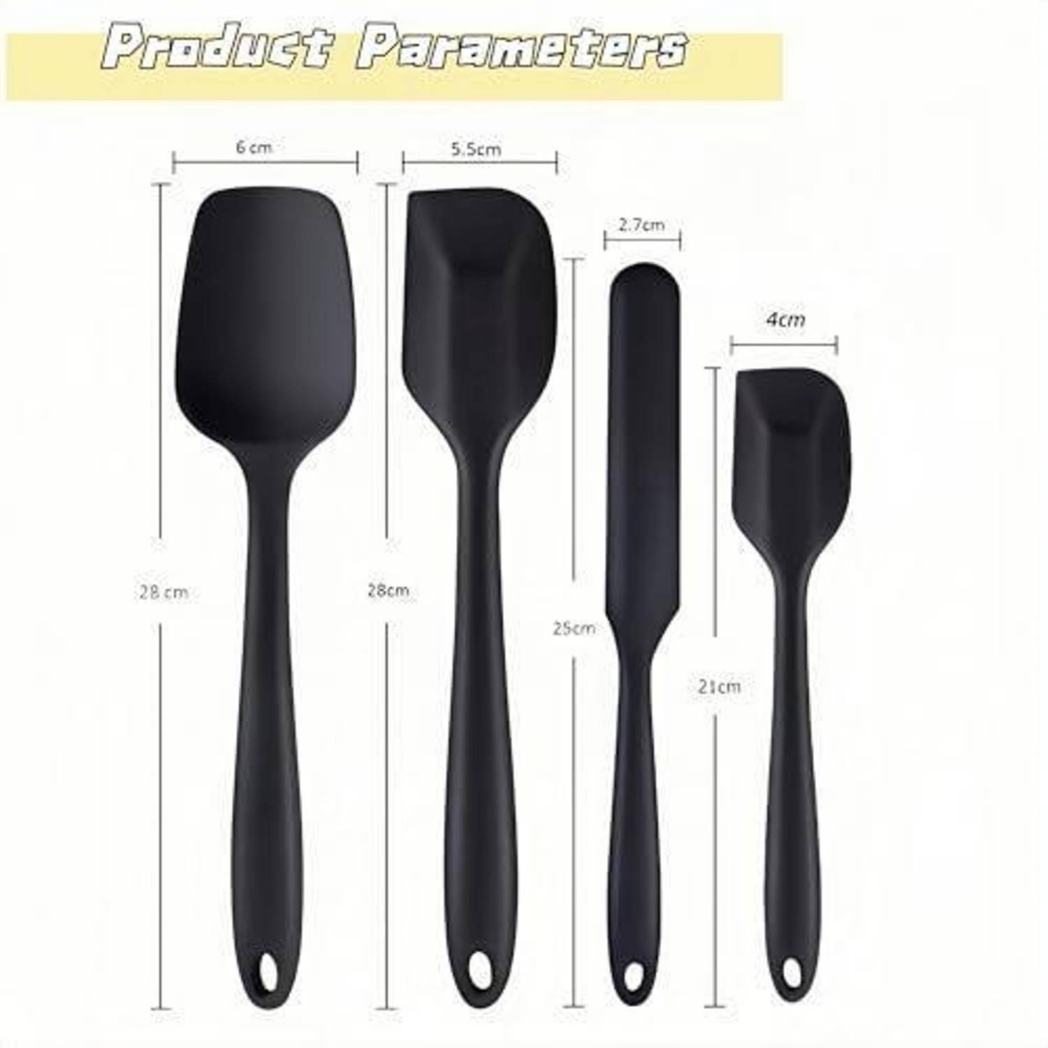 Produktparameterdiagramm mit vier schwarzen Spachteln/Spreddern mit Größenangaben: 28 cm, 28 cm, 25 cm und 21 cm, mit Breiten von 2,7 cm bis 6 cm.