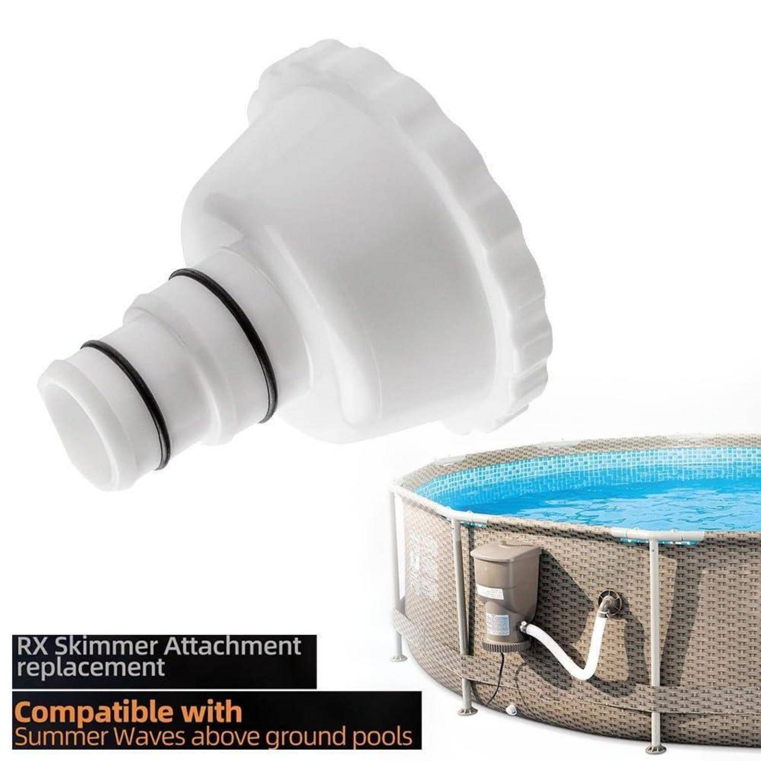 Auswechselbarer Weiß-Poolskimmer-Aufsatz neben einem aufblasbaren Pool, beschriftet mit „Kompatibel mit Summer Waves aufblasbaren Pools