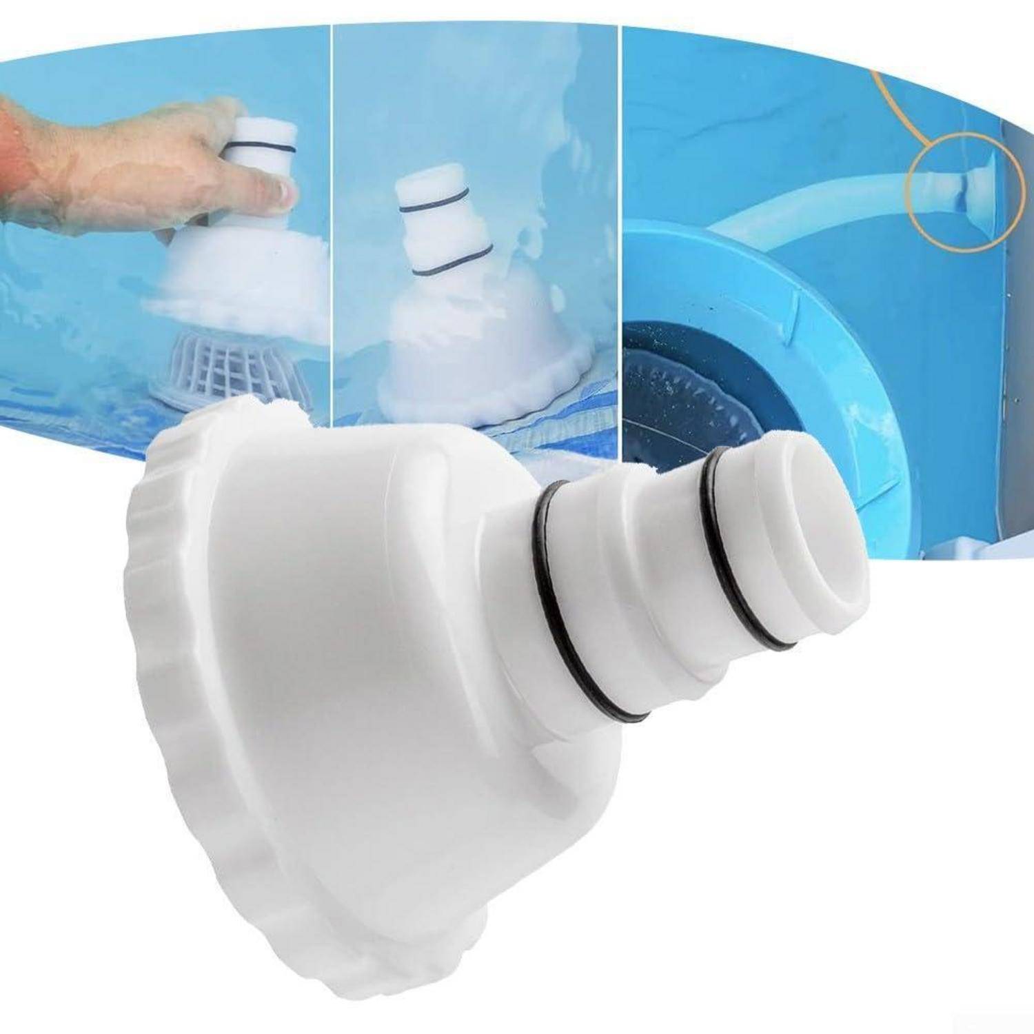Weißer wiederverwendbarer Waschmaschinenflusenfilter mit schwarzen O-Ringen, dargestellt bei der Verwendung in einer blauen Waschmaschinentrommel zum Auffangen von Flusen und Verschmutzungen.