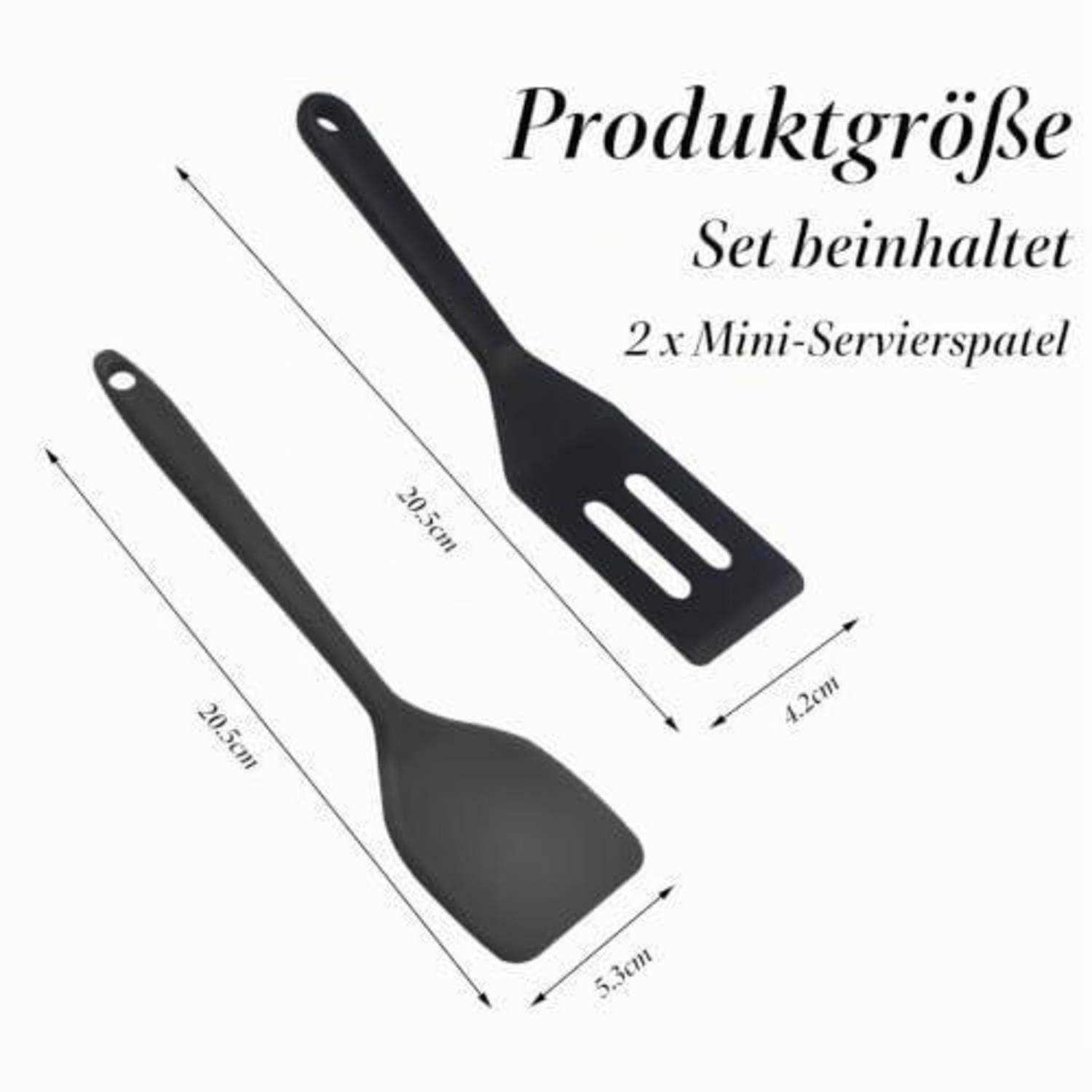 Produktgrößen-Diagramm von zwei Mini-Servierspatel, gekennzeichnet mit 'Produktgröße' und 'Set beinhaltet 2 x Mini-Servierspatel', mit Abmessungen von 20,5 cm Länge und 4,2 cm oder 5,3 cm Breite.