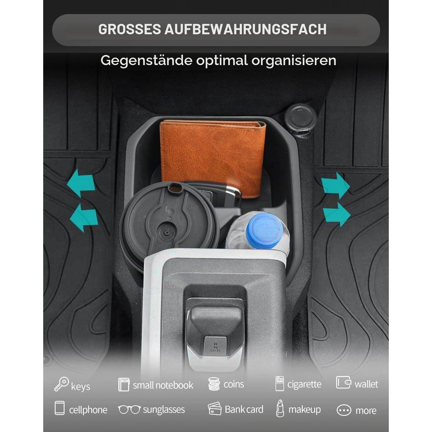 Kofferraumorganizer Aufbewahrungsfach mit Geldbeutel, Notizbuch, Münzen, Flasche und kleinen Gegenständen, gekennzeichnet mit 'GROSSES AUFBEWAHRUNGSFACH' und 'Gegenstände optimal organisieren'.