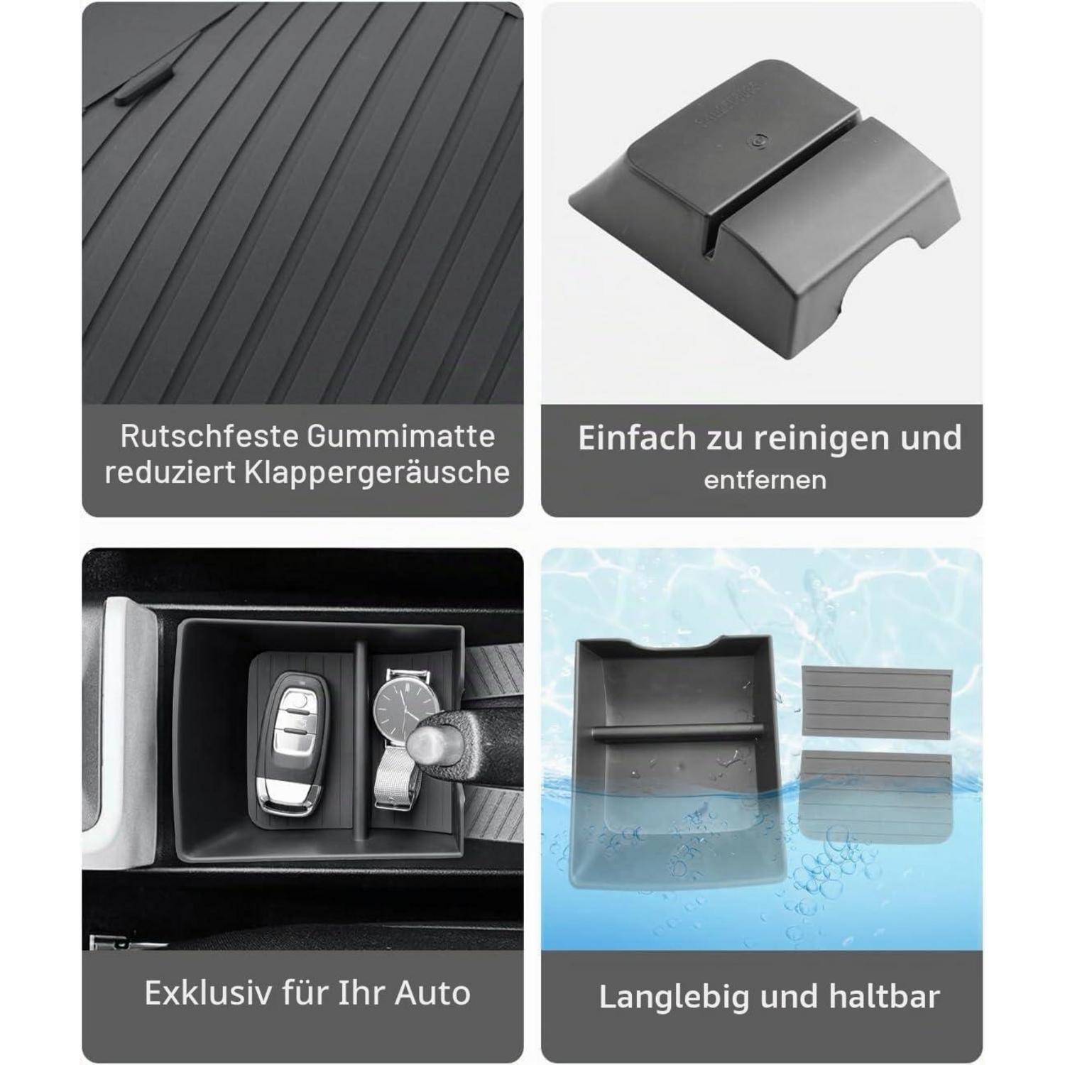 Vier-Panel-Produktgrafik einer Autolagerbox: rutschfeste Gummimatte reduziert Geräusche, leicht zu reinigen und zu entfernen, maßgeschneiderte Passform für ein Auto, langlebig und langzeitbeständig.