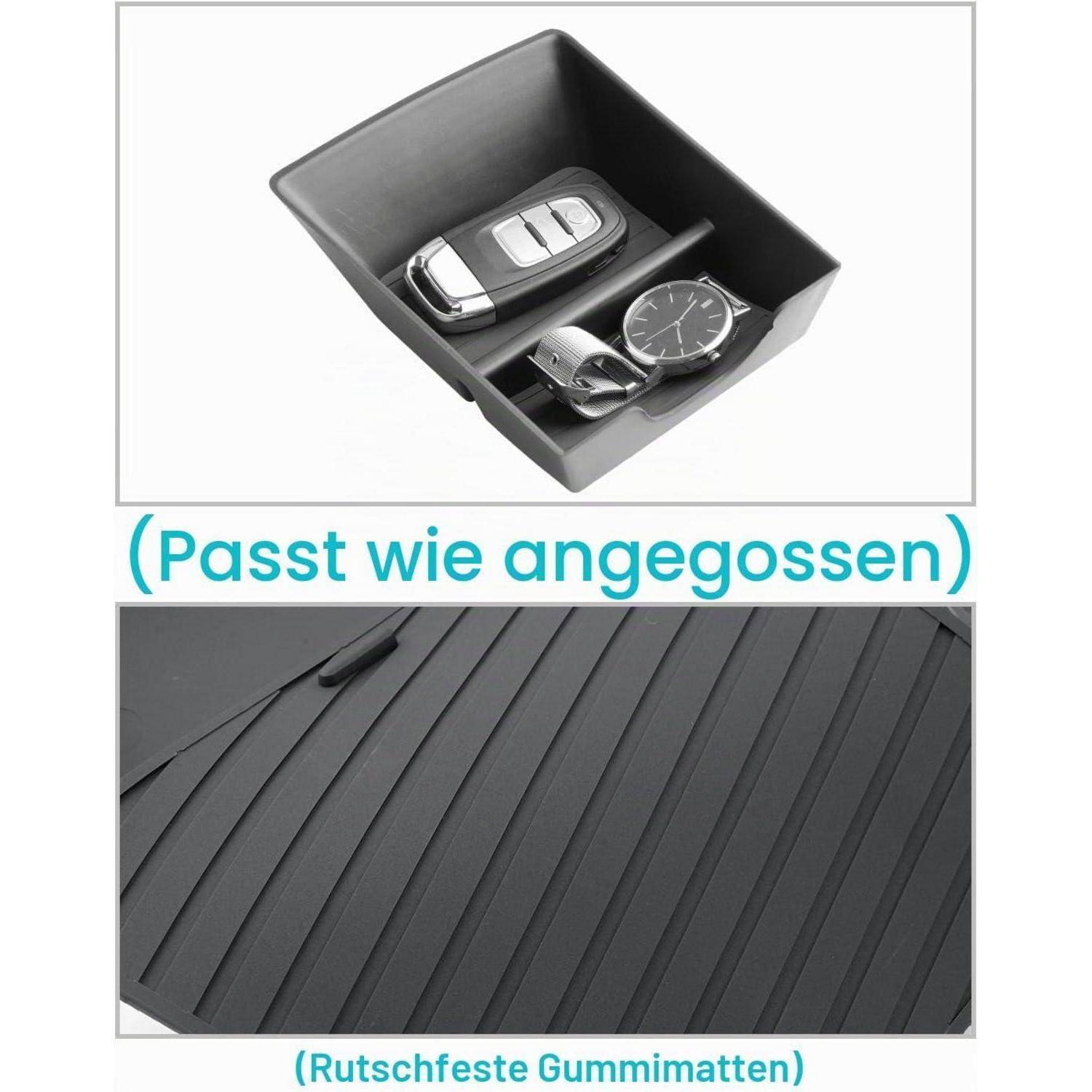 Collage mit einem schwarzen Aufbewahrungsbehälter mit einem Autoschlüssel und einer Armbanduhr sowie einer Nahaufnahme einer rutschfesten Gummimatte mit deutschen Bildunterschriften.