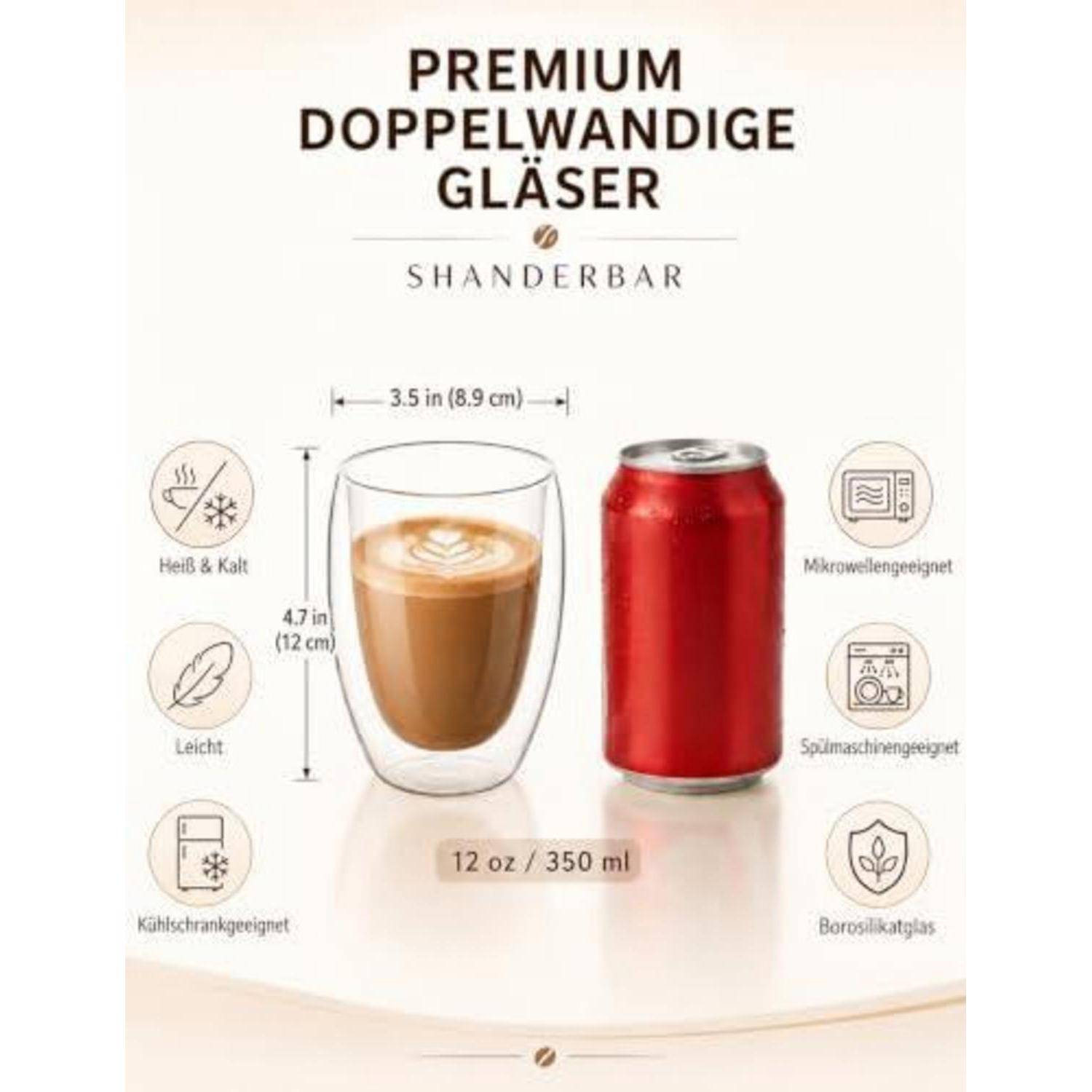 Werbebild für Shanderbar Glas mit Doppelwand Premium, zeigt einen 12 oz/350 ml Becher neben einer Limodose, mit Symbolen für heiß/kalt, leicht, kühlschrankgeeignet, mikrowellensicher, spülmaschinensicher und Borosilikatglas.