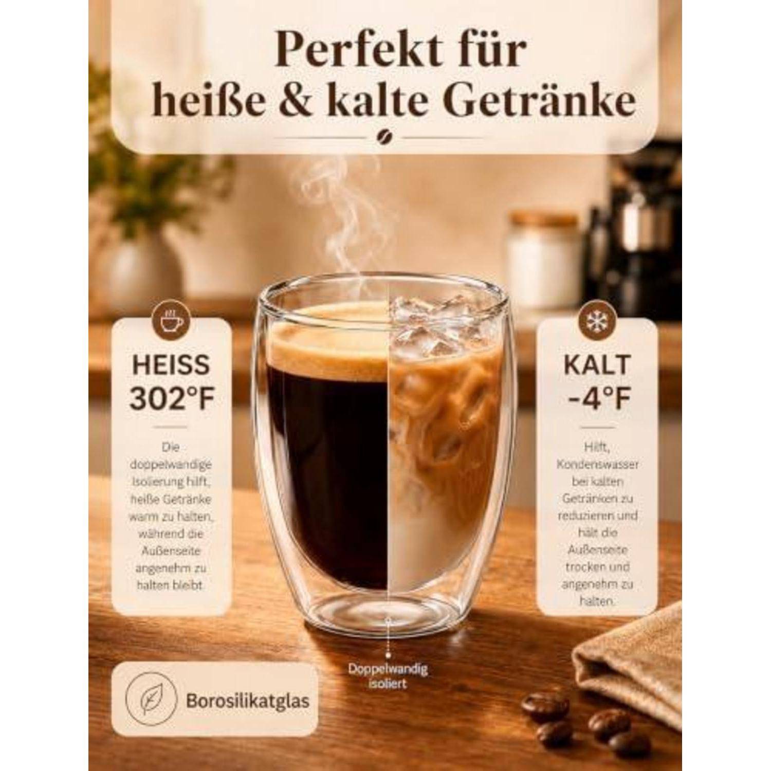 Doppelwandiges isoliertes Glas hält Getränke heiß oder kalt; Splitbild zeigt Kaffee und Eisgetränk mit deutschen Etiketten "HEISS 302°F"" und ""KALT -4°F"".