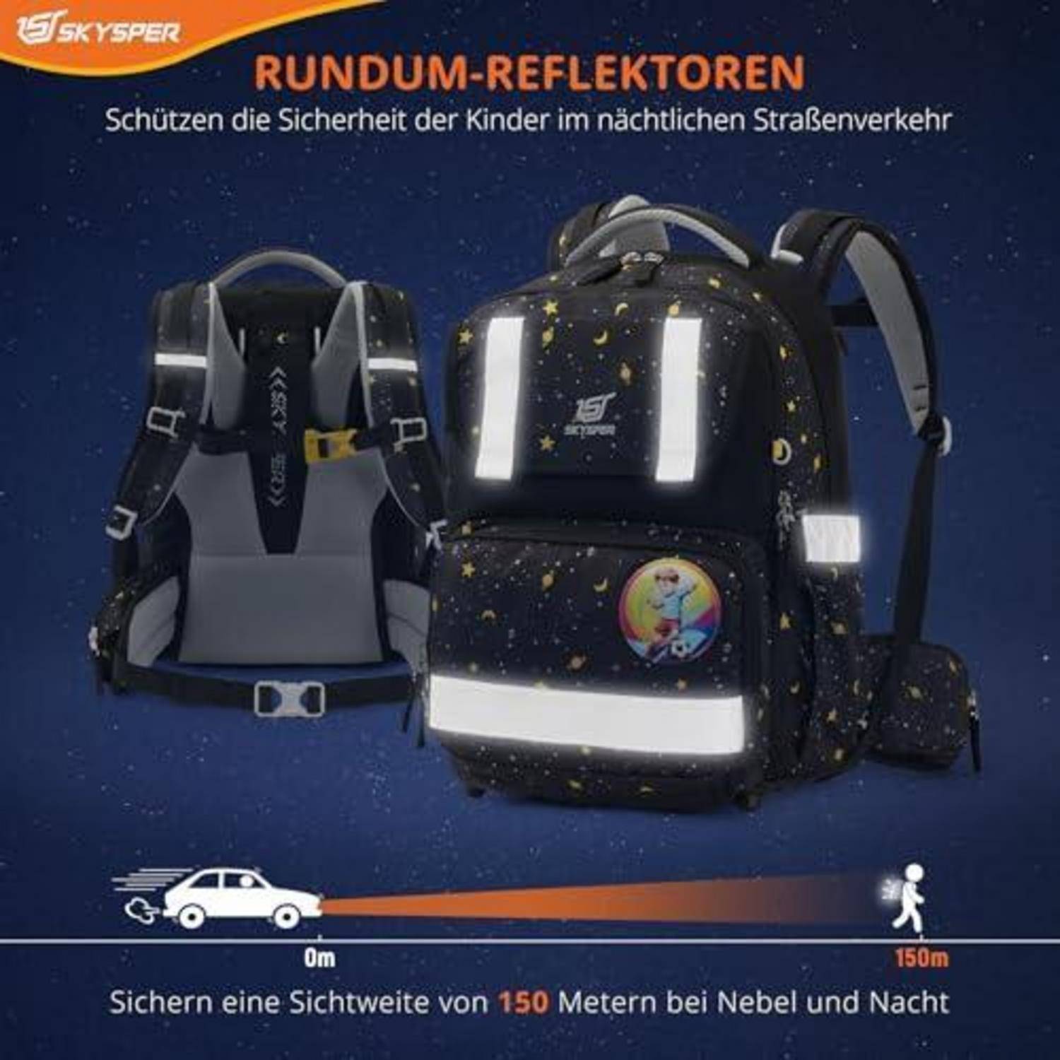 SKYSPER Schulranzen-Set 5-teilig, ergonomisch, schwarz, 360° Reflektor