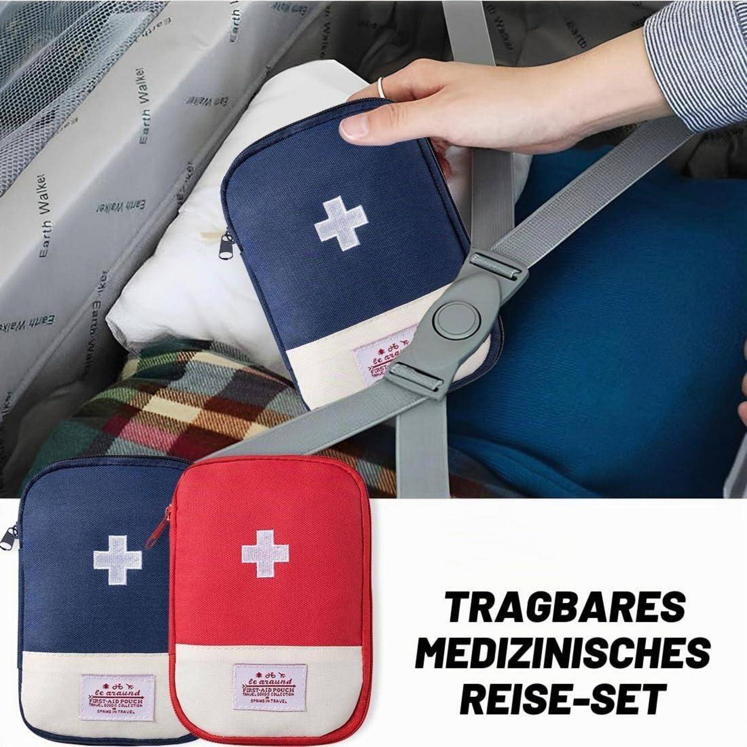 Hand, die ein kompaktes Erste-Hilfe-Reise-Set mit Kreuzsymbol hält; der Anzeigentext lautet „TRAGBARES MEDIZINISCHES REISE-SET" und zeigt blaue und rote Kästen.
