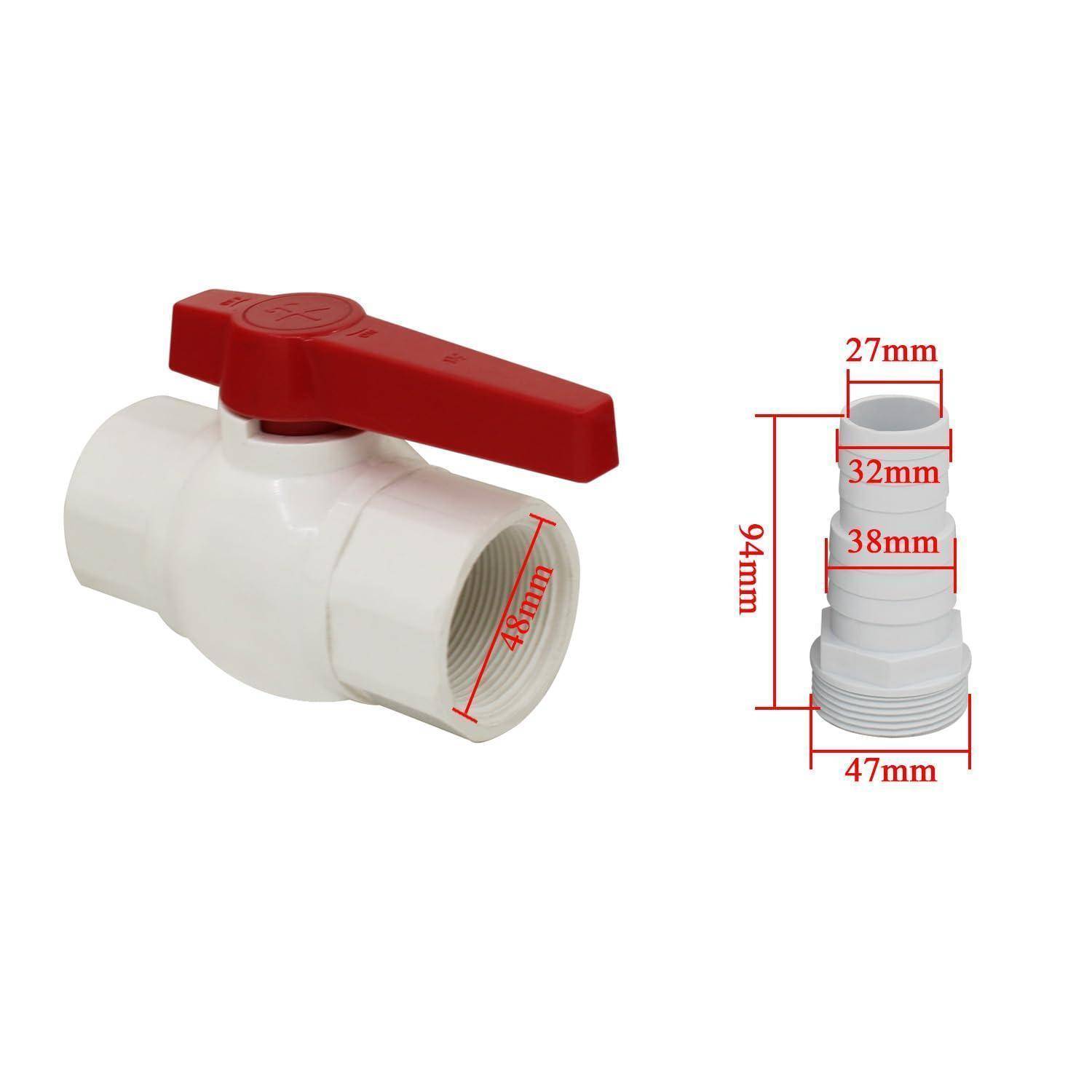 Weißes PVC-Kugelventil mit rotem Hebel, dargestellt mit Seiten- und Frontabmessungen mit den Maßen 27mm, 32mm, 38mm, 47mm und 114mm.