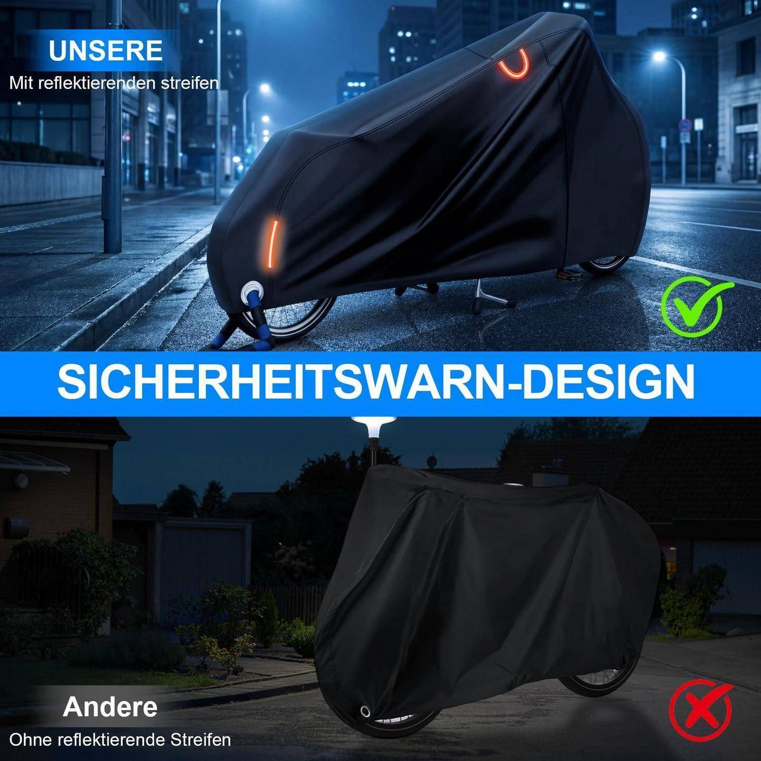 Vergleich einer Fahrradabdeckung bei Nacht: oben mit Reflektionsstreifen mit der Bezeichnung „Sicherheitswarn-design" und einem grünen Häkchen; unten ohne Reflektoren und einem roten X.