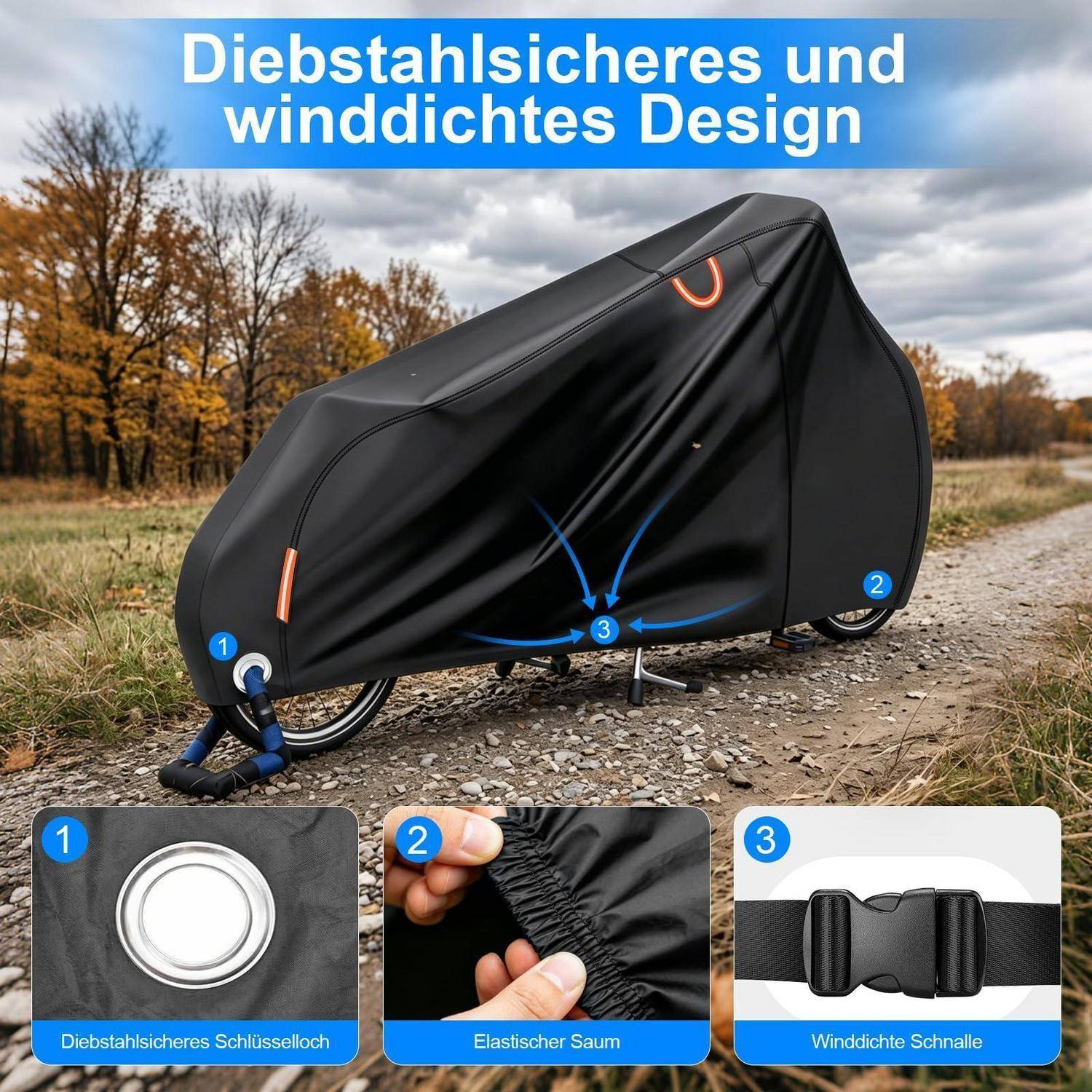 Schwarze Fahrradaddecke auf einer Straße mit Beschriftungen, die diebstahlsicheres und windbeständiges Design zeigen; eingefügte Nahaufnahmen zeigen Schlüsselloch, elastischen Saum und Schnalle.