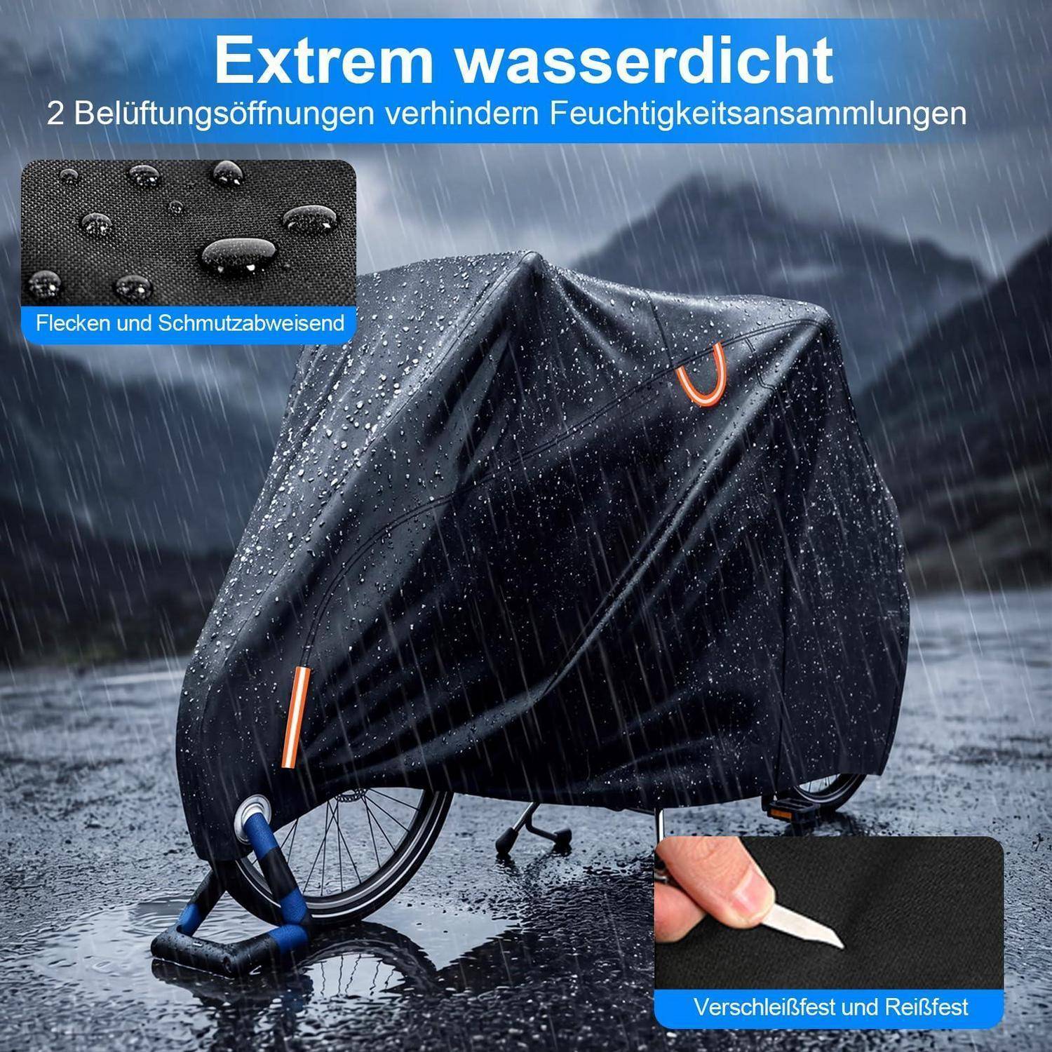 Fahrrad unter wasserdichter Abdeckung mit deutschem Text, der extreme Wasserdichtheit, Belüftungsöffnungen, Fleckenbeständigkeit und Reißfestigkeit bewirbt.