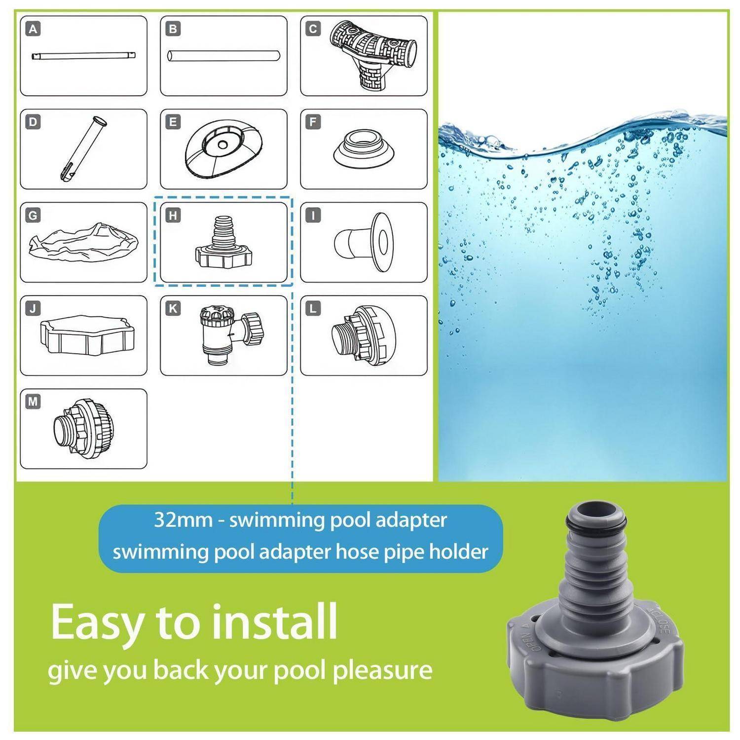 Produktanzeige für eine 32-mm-Schwimmbecken-Adapterschlauchhalterung mit Teilediagramm und der Nachricht „Einfach zu installieren