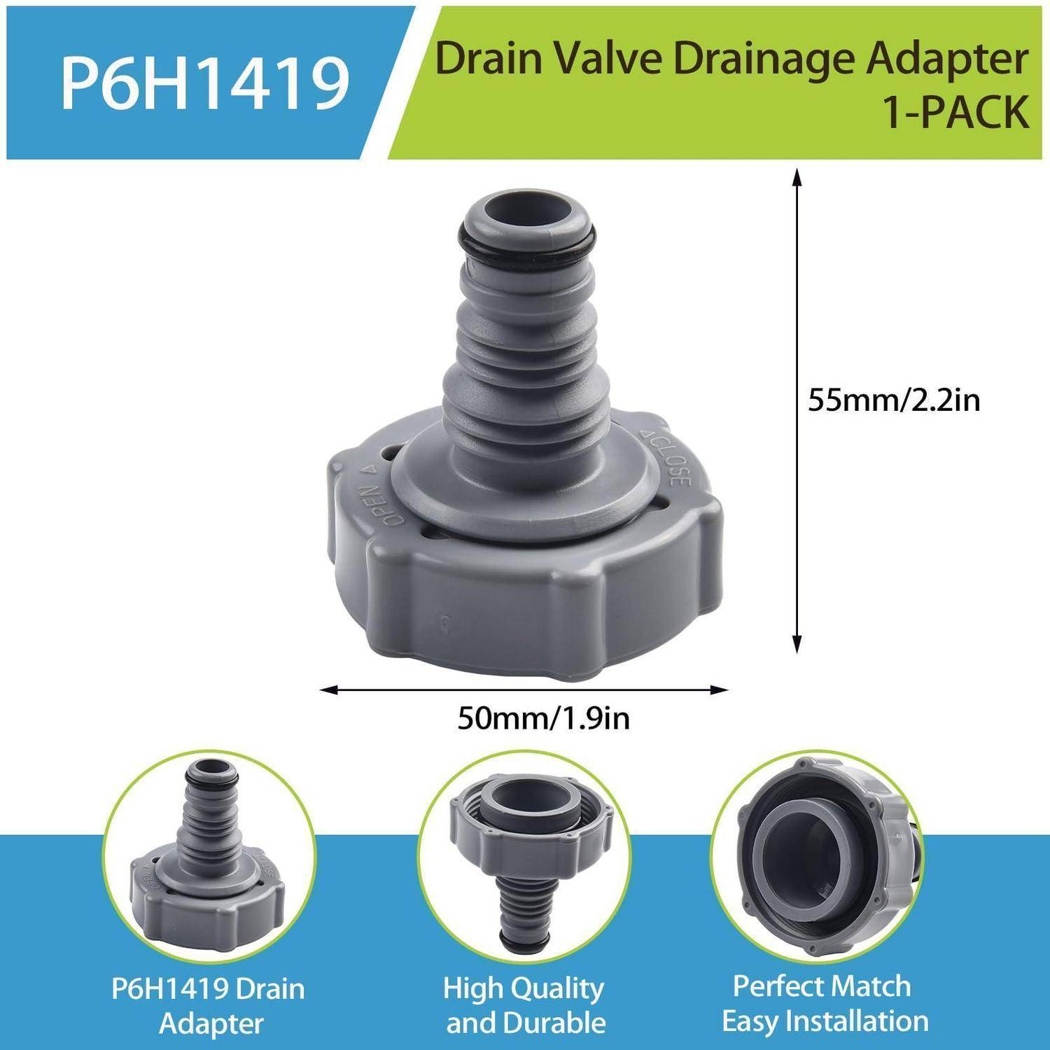 Produktbild eines grauen P6H1419-Ablassventil-Drainagewassers, 1er-Pack, mit Abmessungen von 55 mm Höhe und 50 mm Breite, mit drei kleinen Installationsansichten darunter.