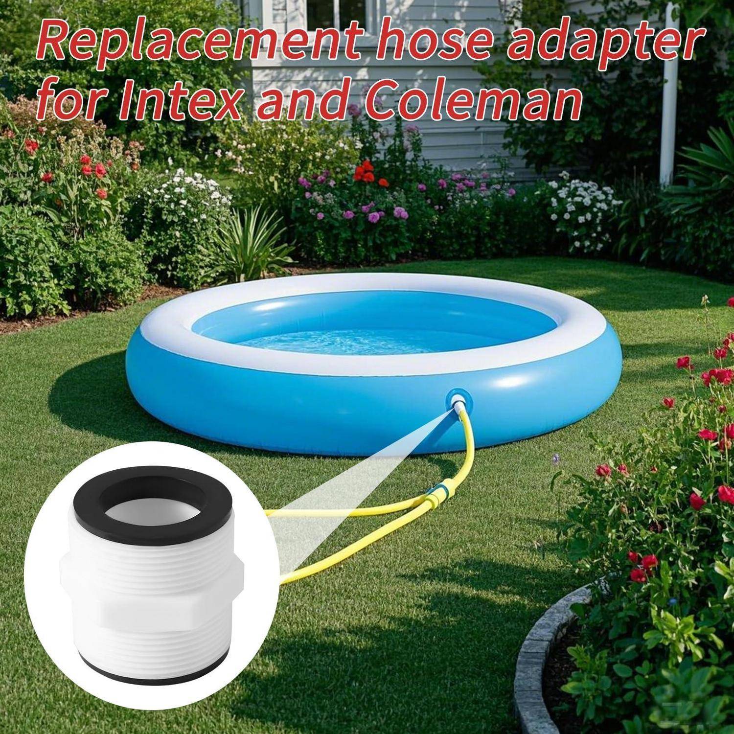 Abbildung eines blauen aufblasbaren Aufstellbeckens in einem Garten mit angeschlossenem Schlauch, mit der Bezeichnung „Ersatz-Schlauchadapter für Intex und Coleman