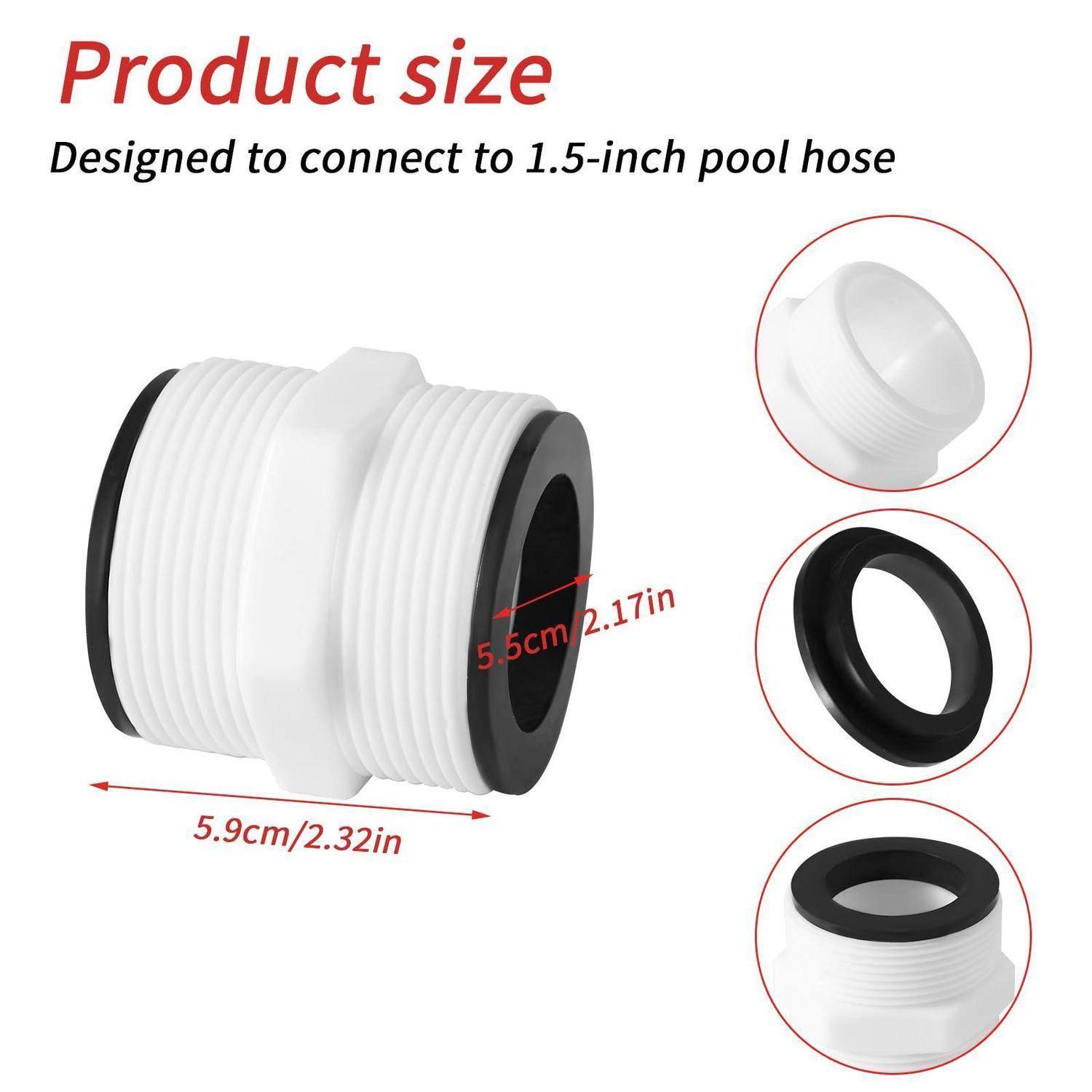Größendiagramm für einen Poolschlauch-Adapter, konzipiert zum Anschluss an einen 1,5-Zoll-Poolschlauch, mit den Abmessungen 5,9 cm x 5,5 cm und drei Komponententeilen.