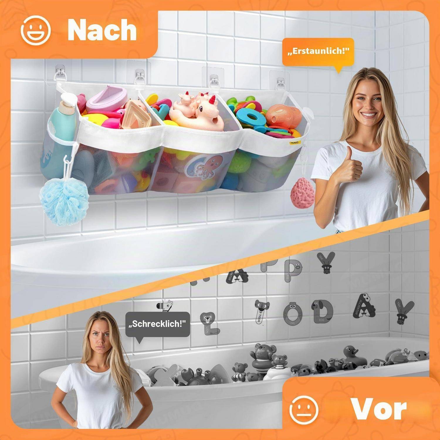 Split-Screen „Vorher und Nachher" eines Spielzeugorganizers an einer gefliesten Wand: oben mit der Beschriftung „Nach"" zeigt ein ordentliches, buntes hängendes Behältnis mit einer lächelnden Frau; unten „Vor"" zeigt ein ungeordnetes Durcheinander und eine unglückliche Frau.