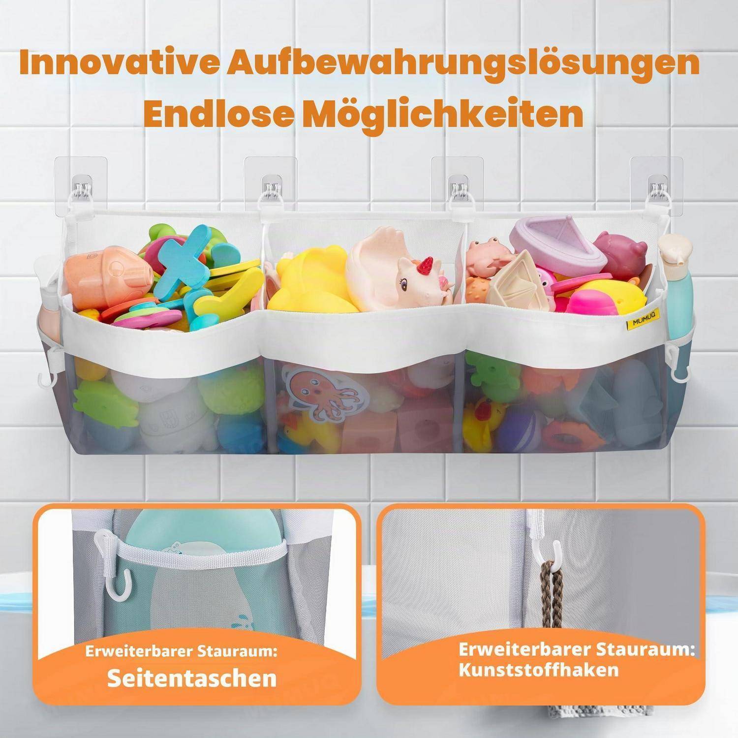 Wandmontierter Mesh-Aufbewahrungsorganizer gefüllt mit Spielzeug und Haushaltsartikeln, der erweiterbare Lagerung mit Seitentaschen und Kunststoffhaken fördert.