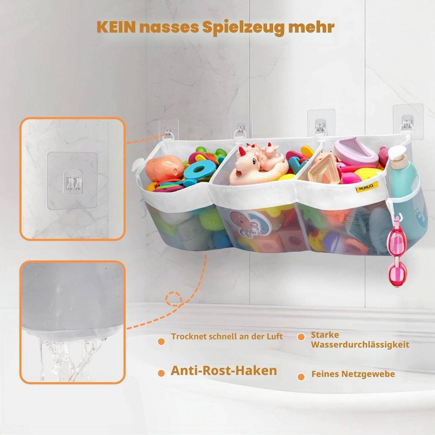 Dusch-hängende Mesh-Spielzeugorganizer mit Saugnapfhaken; Text besagt „KEIN nasses Spielzeug mehr" und hebt schnelltrocknung, wasserdichte, rostfreie Haken und feines Netz hervor.