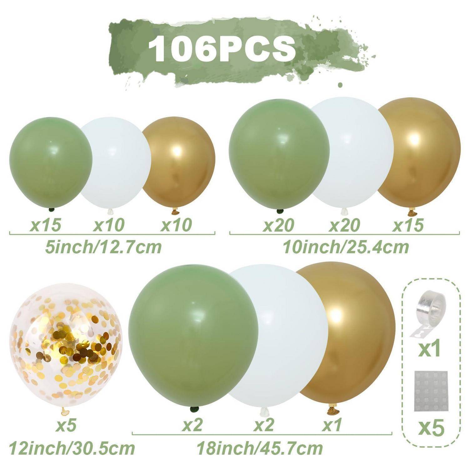 Luftballon-Set-Infografik mit 106 Teilen: grüne, weiße und goldene Ballons in 5-Zoll-, 10-Zoll-, 12-Zoll-Konfetti- und 18-Zoll-Größen, plus Band und Klebepunkte.