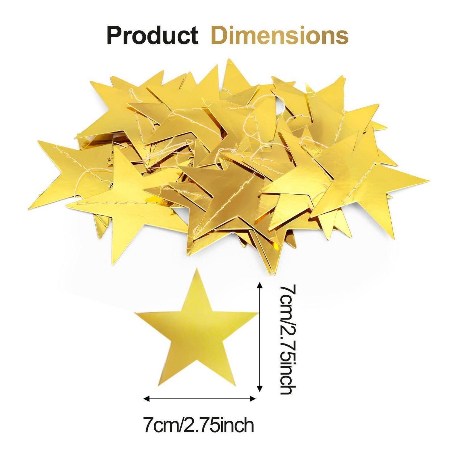 Produktabmessungsbild zeigt einen Haufen goldener Sternkonfetti und einen Stern, jeweils 7 cm (2,75 Zoll) breit.