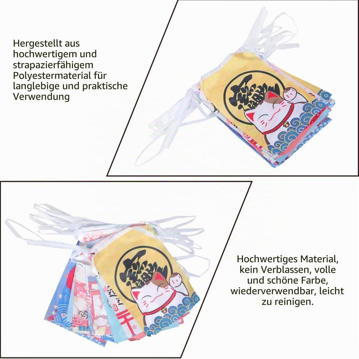 # Werbebild einer wiederverwendbaren Polyestertasche mit Cartoon-Katzenmotiv; deutscher Text besagt, dass sie langlebig, praktisch, farbecht und leicht zu reinigen ist.