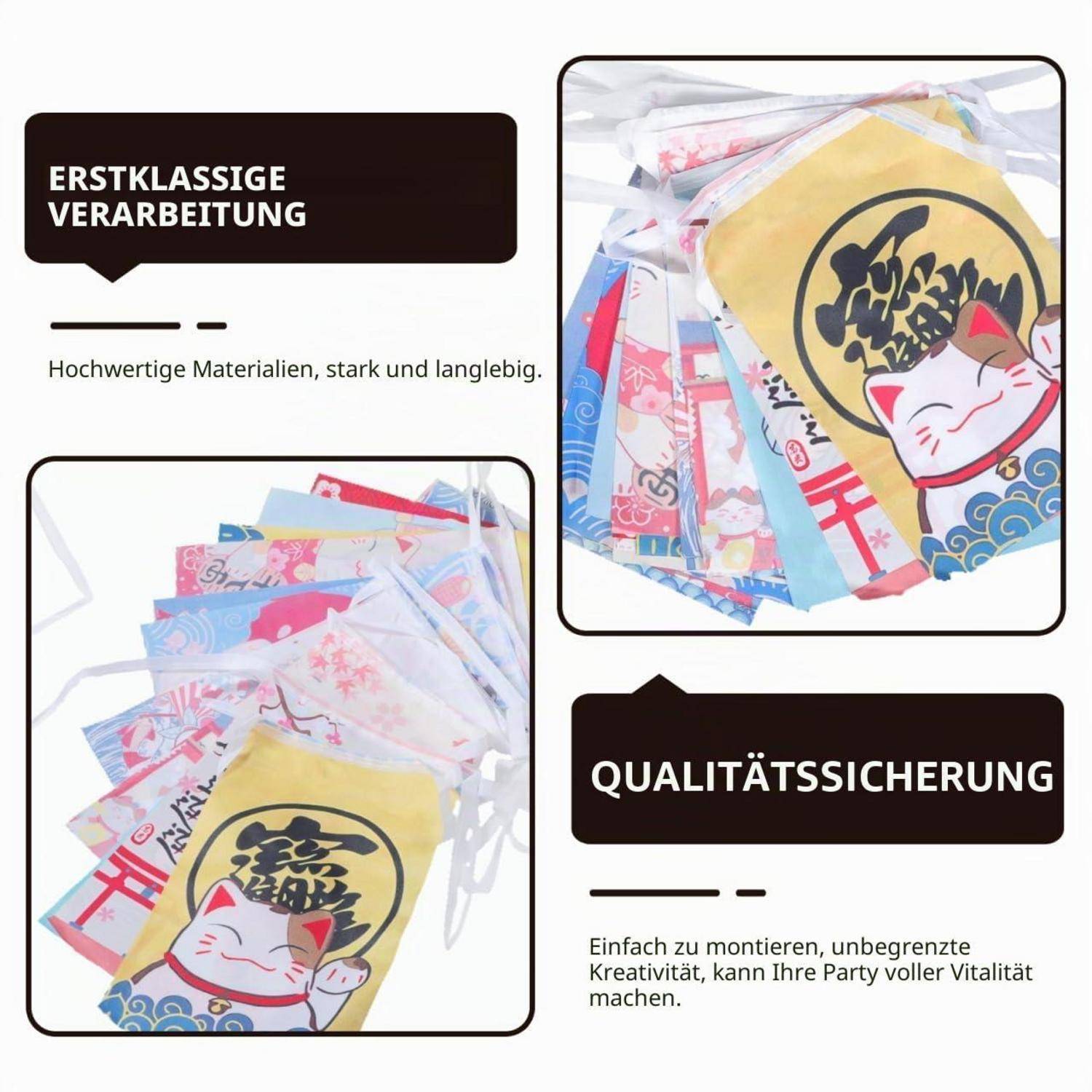 # Promotional-Grafik mit farbenfrohen bedruckten Geschenktüten oder Umschlägen mit einem winkendem Katzen-Design, gekennzeichnet mit „ERSTKLASSIGE VERARBEITUNG" und „QUALITÄTSSICHERUNG"" sowie deutschem Text zur Produktqualität.